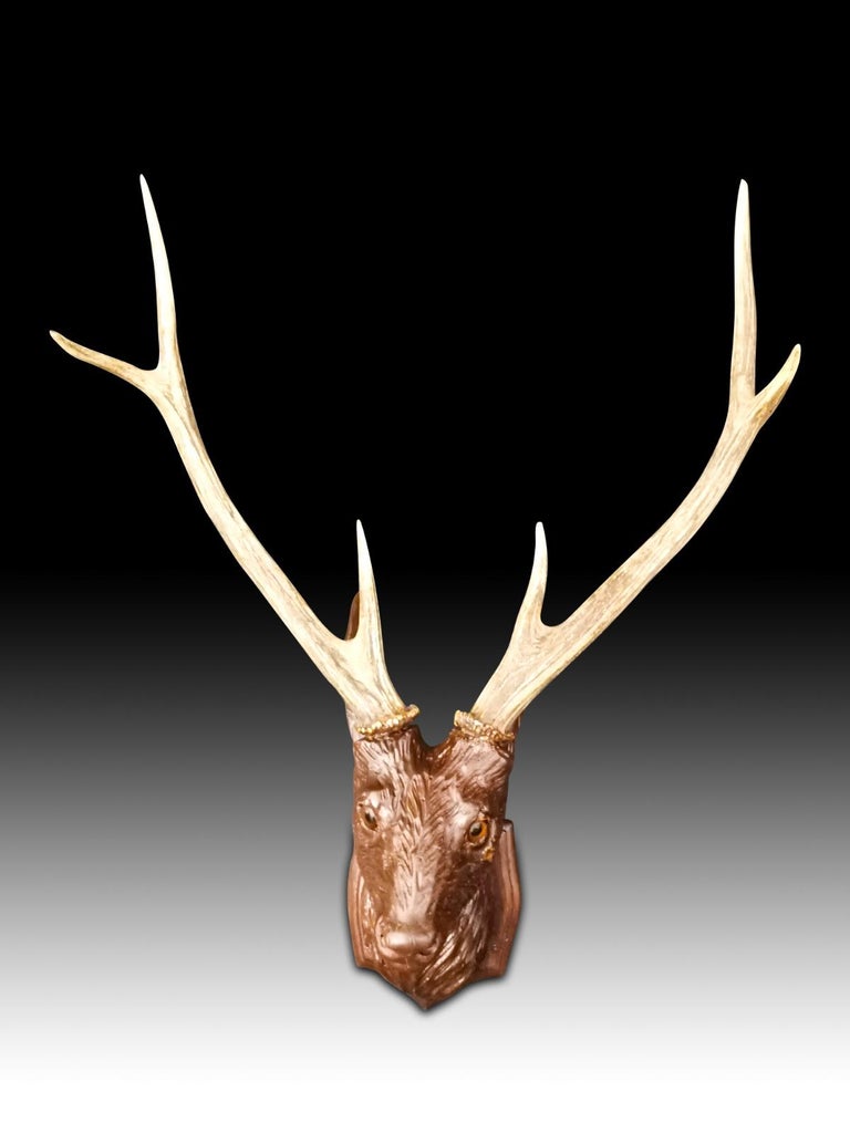 Head of the deer in carved wood, Black Forest.
Measures: 60 cm high 
good condition.