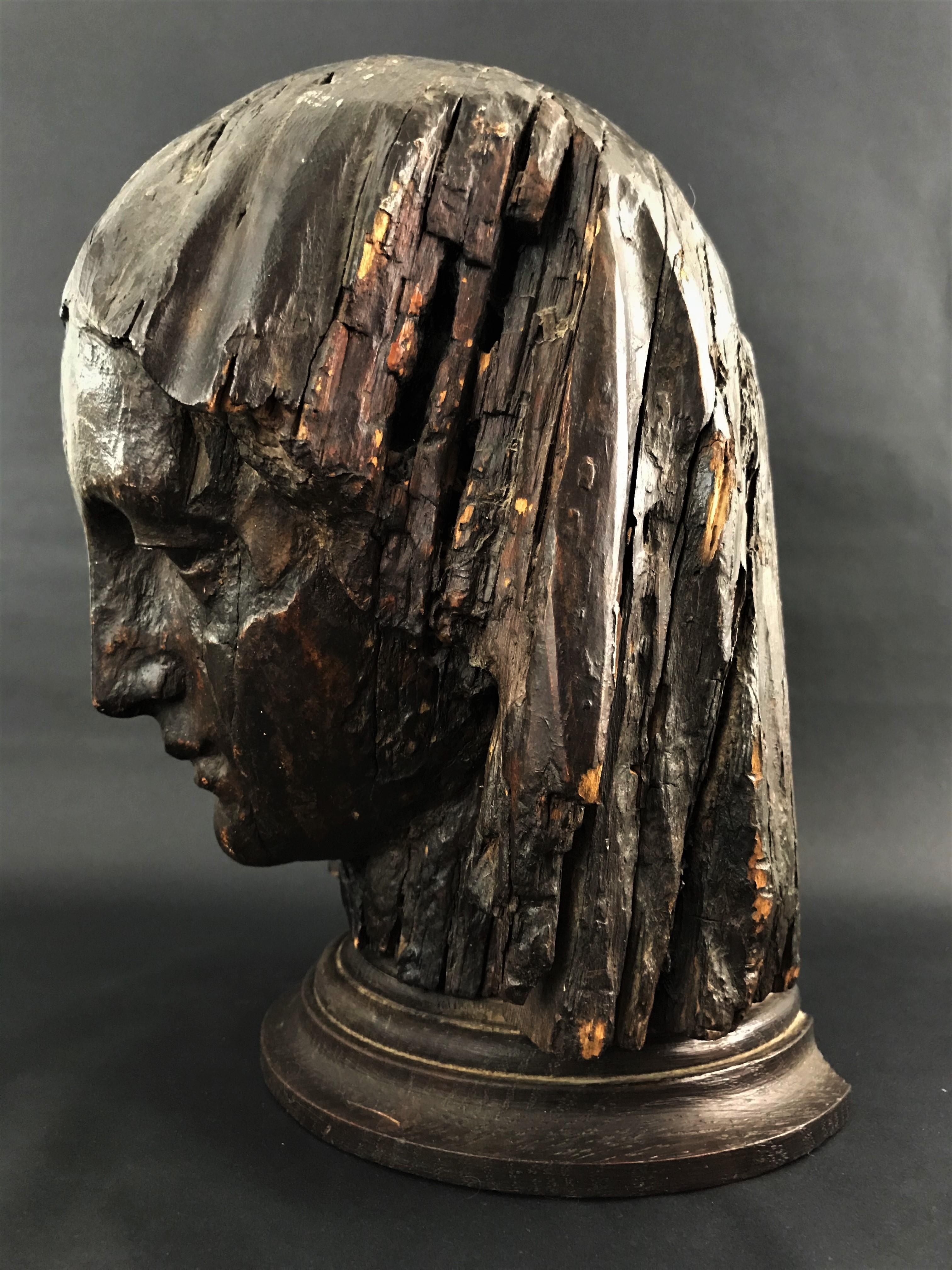 French Head of Virgin in Carved Wood and Patinated Medieval Period 15th Century