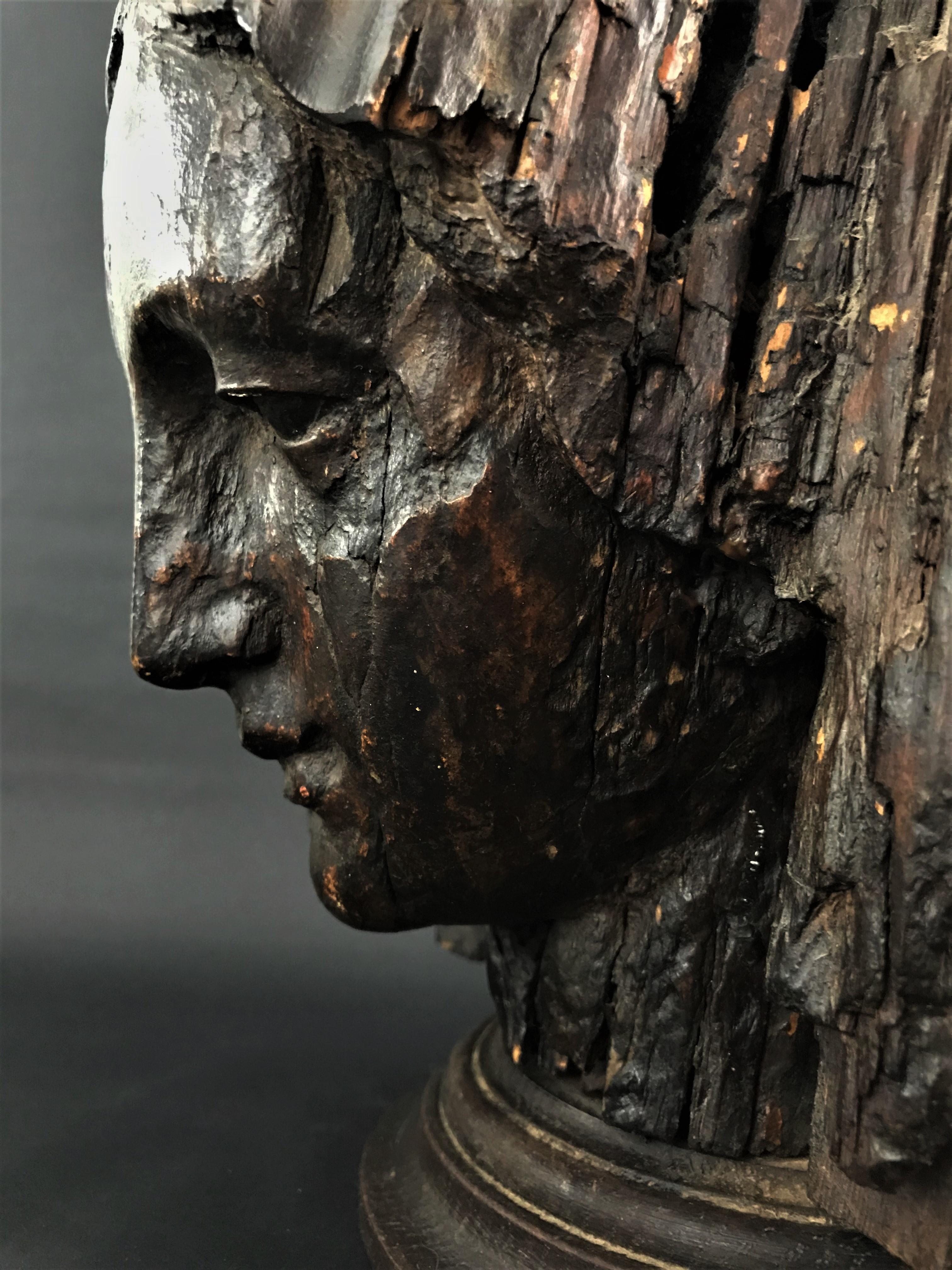 Engraved Head of Virgin in Carved Wood and Patinated Medieval Period 15th Century