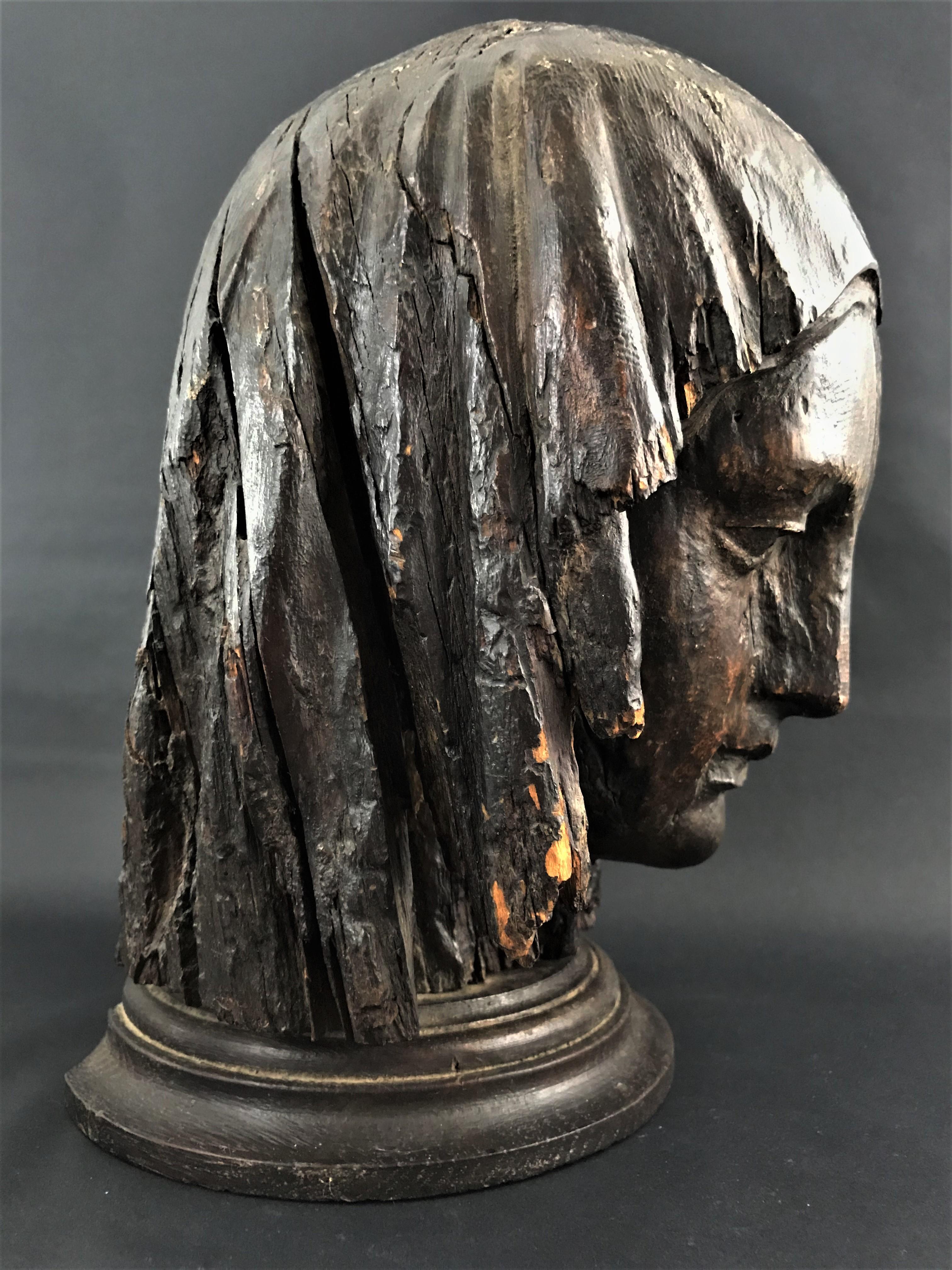 Head of Virgin in Carved Wood and Patinated Medieval Period 15th Century 1