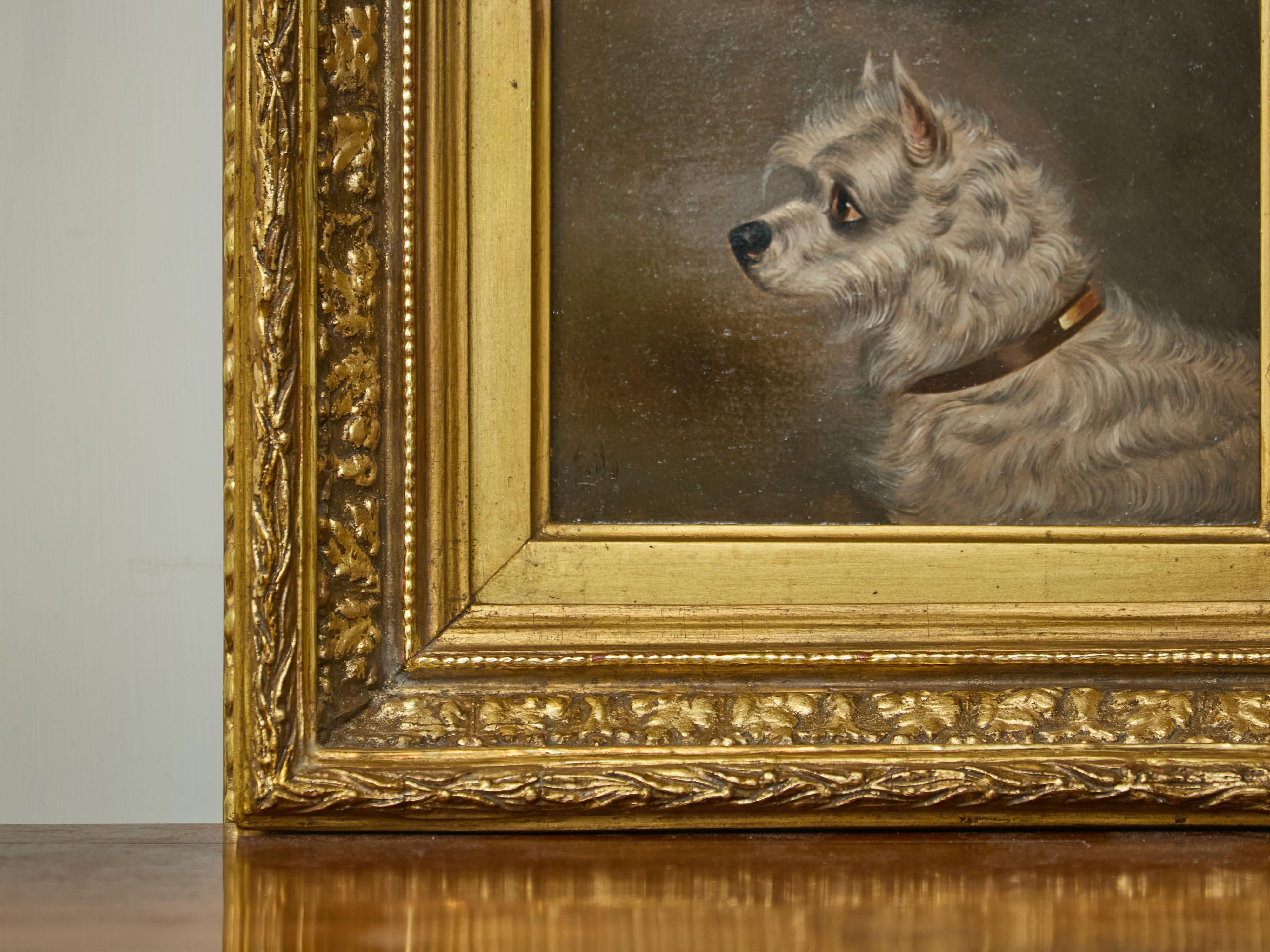 XIX secolo Testa di Terrier bianco Olio su pannello Pittura di cane dopo Edwin Loder di Bath