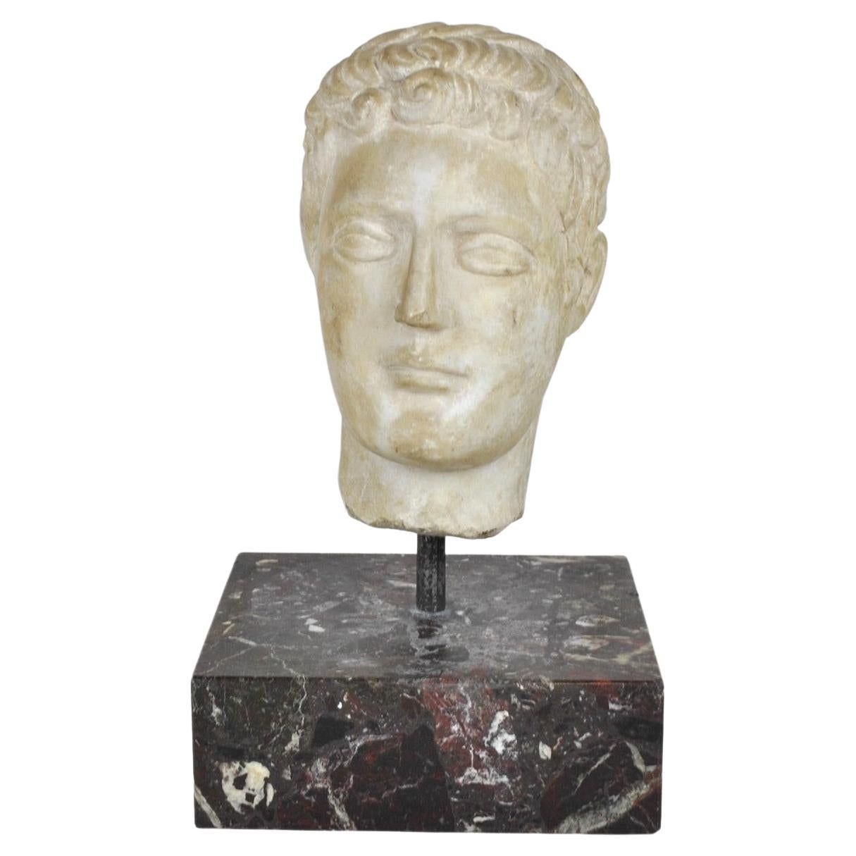 Head Sculpted in Marble, on Base, 19th Century