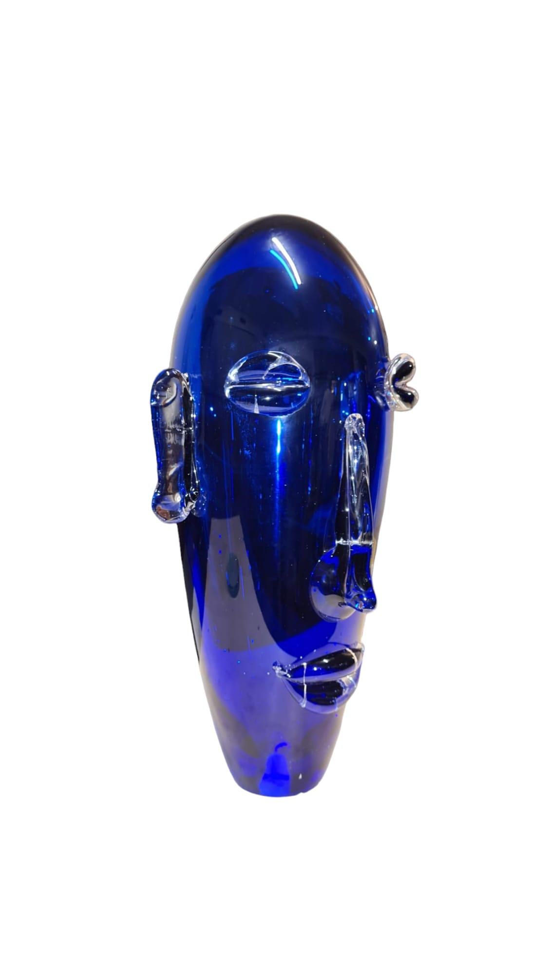 Italian Head sculpture in sapphire blue Murano blown glass, decorative object available For Sale