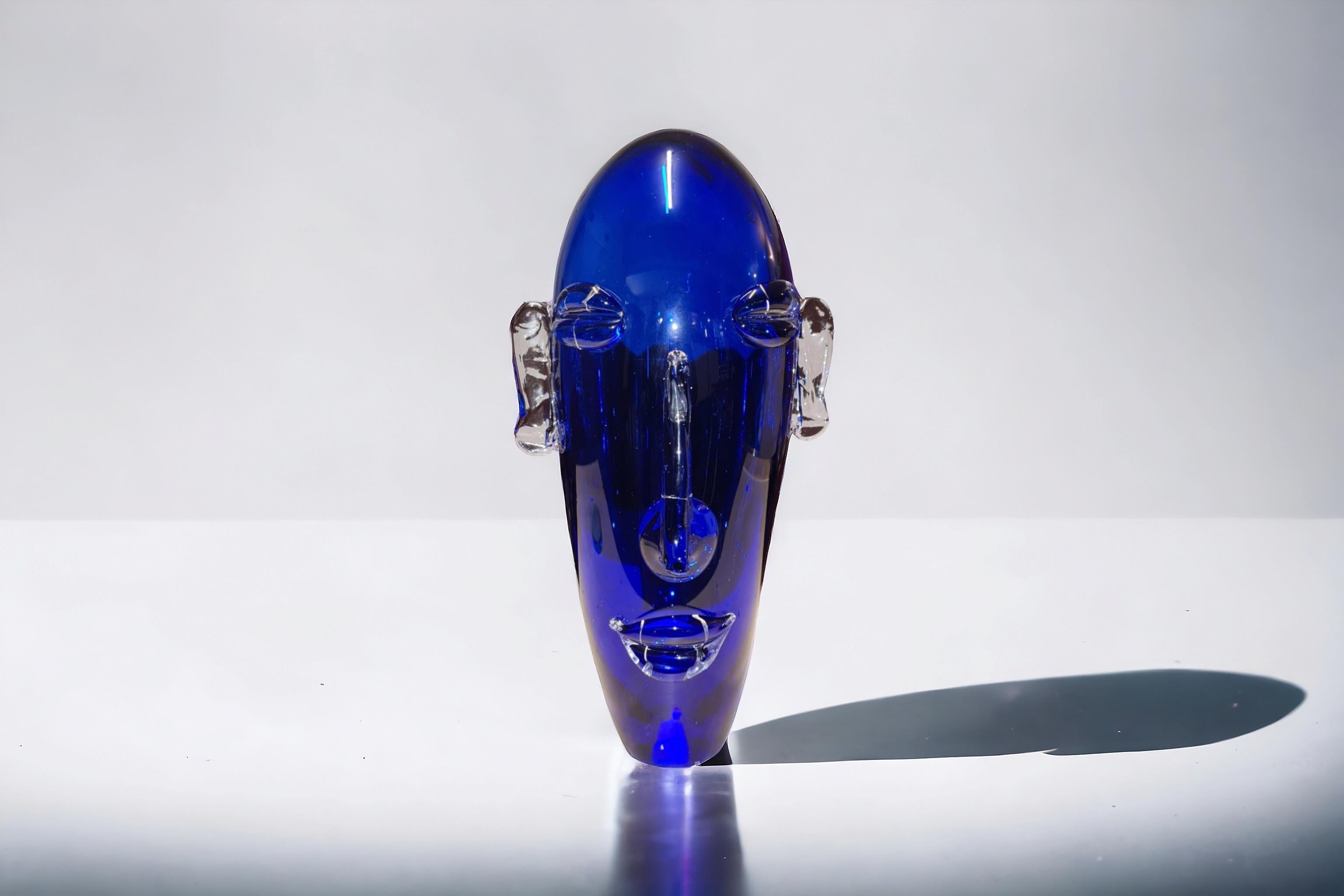 Murano Glass Head sculpture in sapphire blue Murano blown glass, decorative object available For Sale