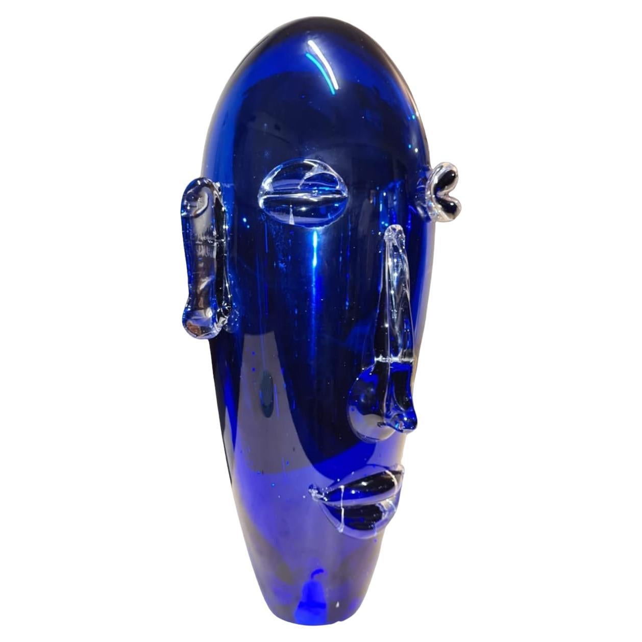 Head sculpture in sapphire blue Murano blown glass, decorative object available For Sale