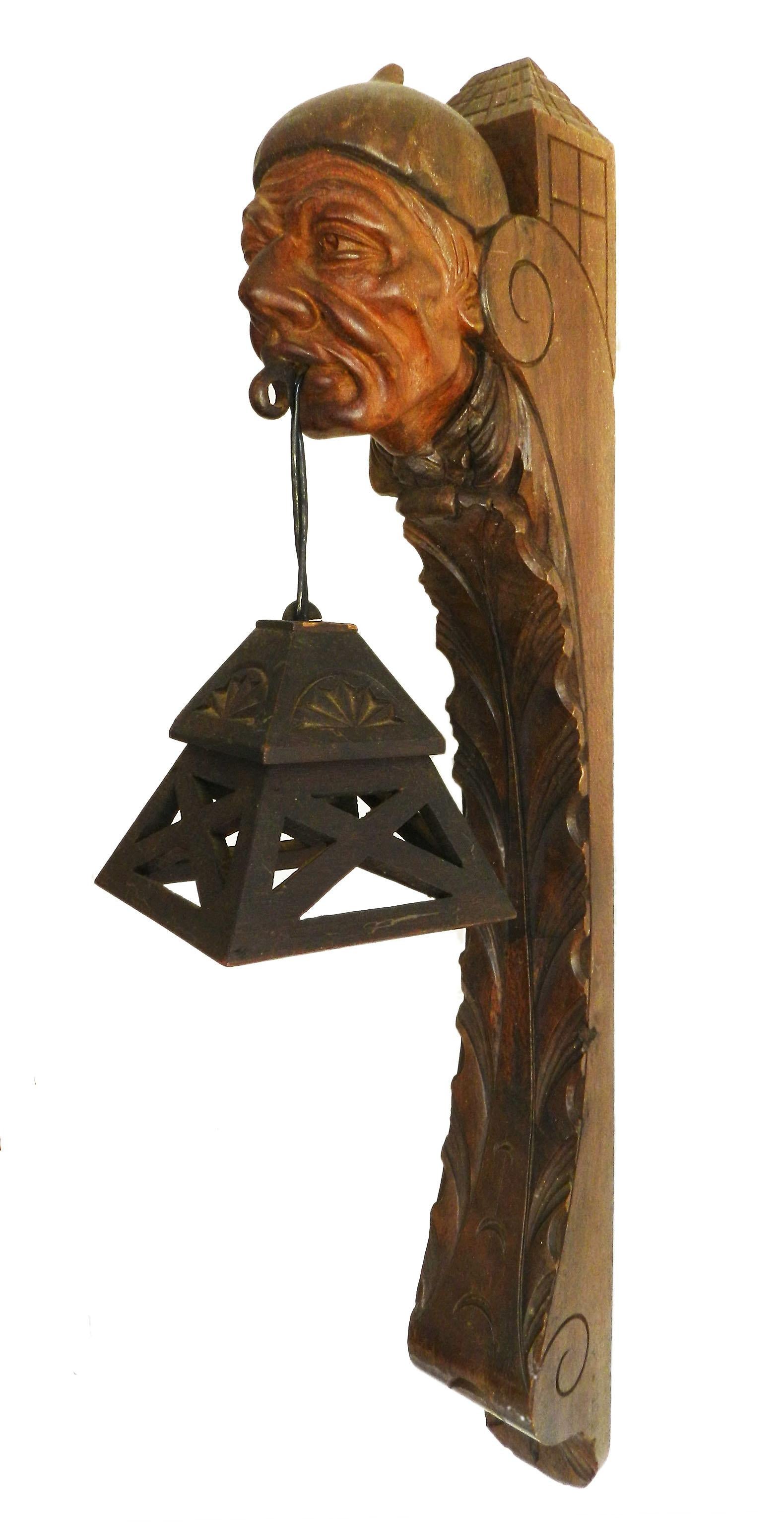 Carved Wall Sconce Lantern Light French Basque Sculpted Wood Head, c1920 FREE SHIPPING