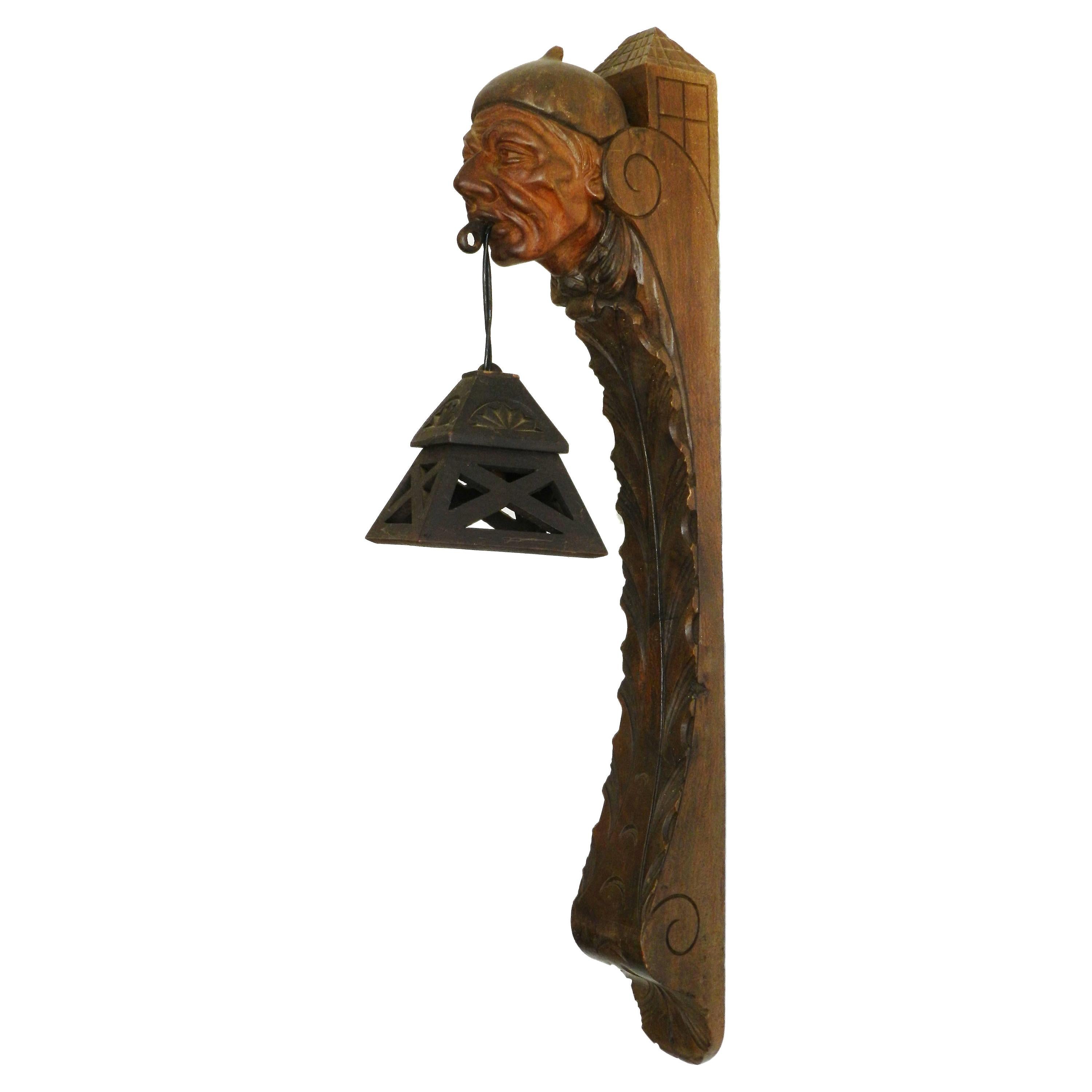 Wall Sconce Lantern Light French Basque Sculpted Wood Head, c1920 FREE SHIPPING