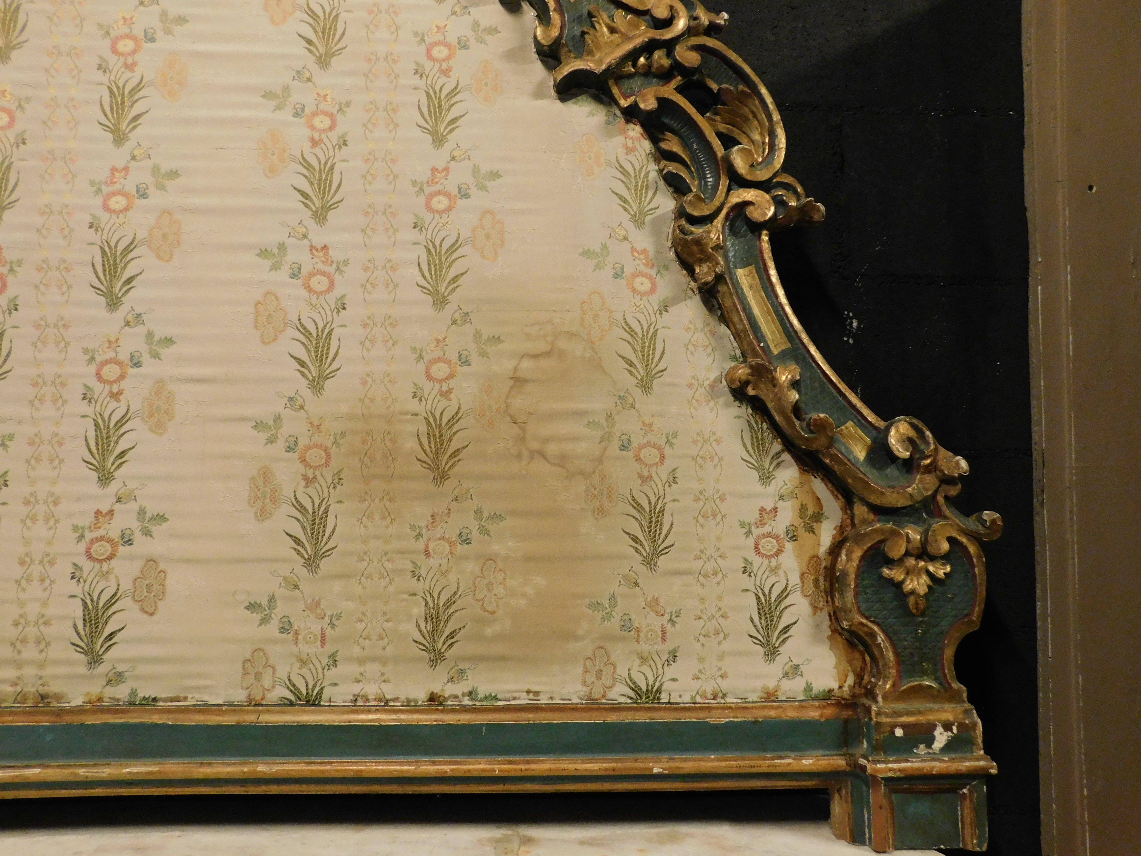 Hand-Carved Headboard, lacquered wooden bed frame and padded with original lining, Italy For Sale