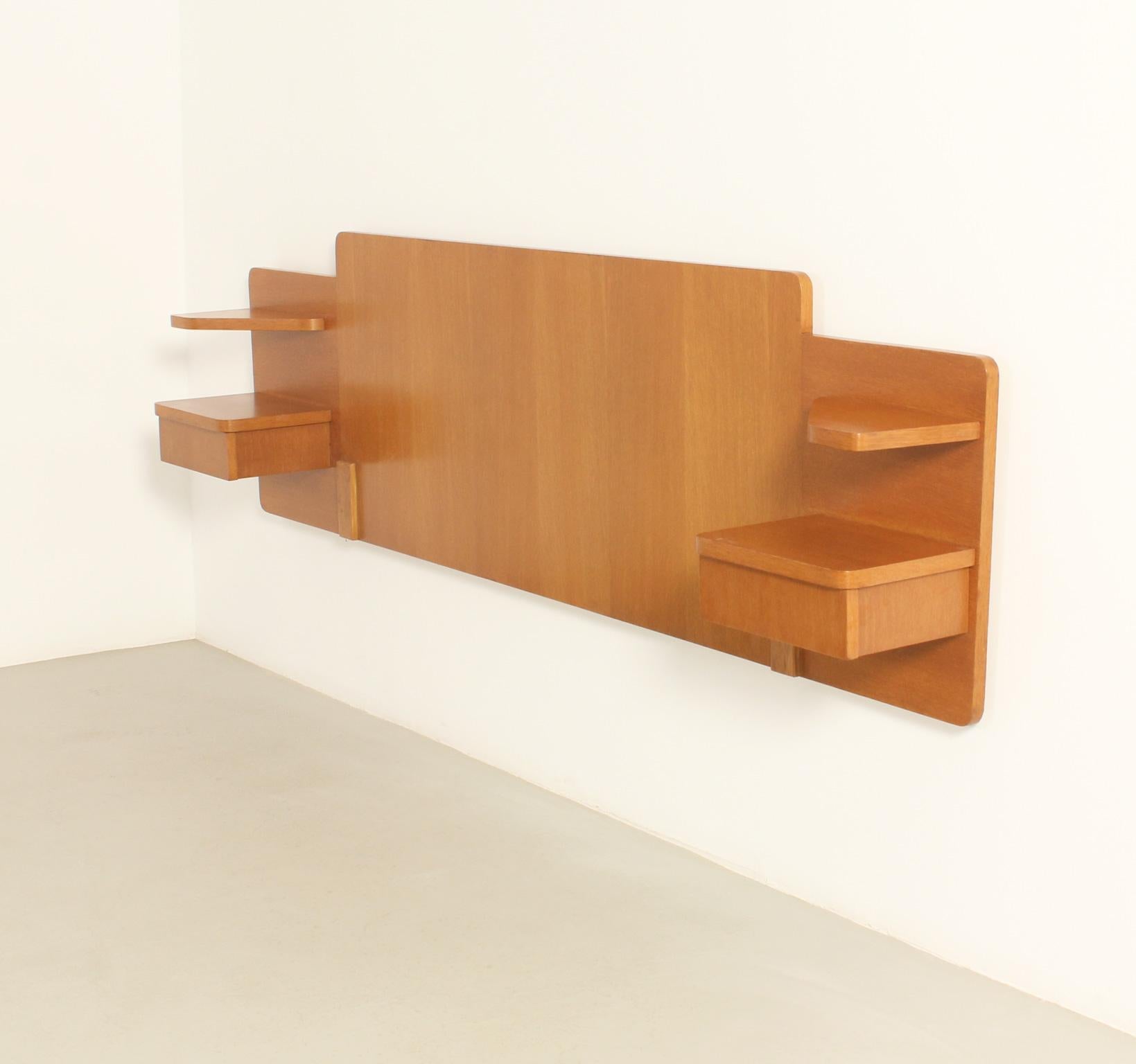 French Headboard with Nightstands in teak wood, France, 1960's For Sale