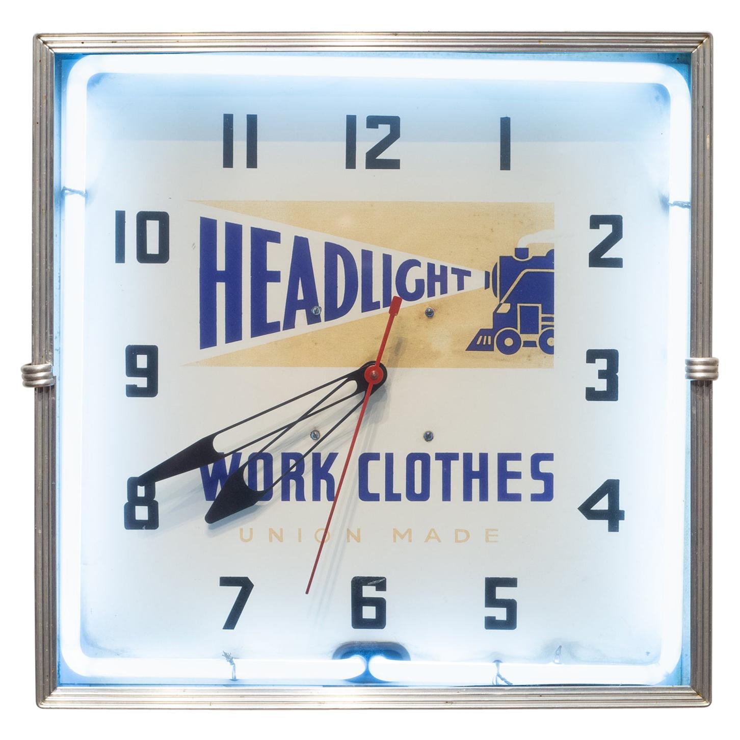 Headlight Work Clothes Union Made Neon Wall Clock, circa 1949