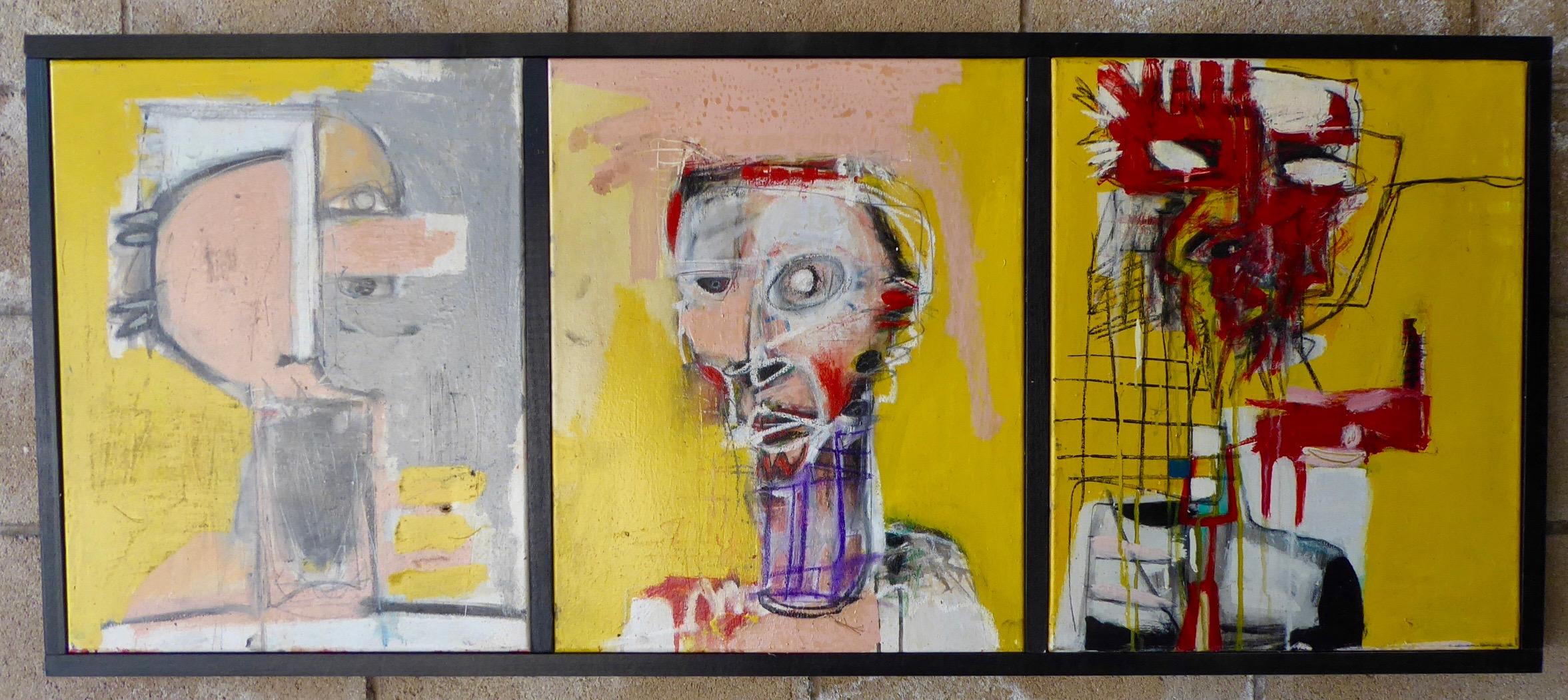 Heads 1, 2, 3. A provocative triptych of three heads floating on a yellow background by American painter Adam Henderson. Wittily presented as portraits, these are actually deep psychological dives into states of mind rather than physical features.