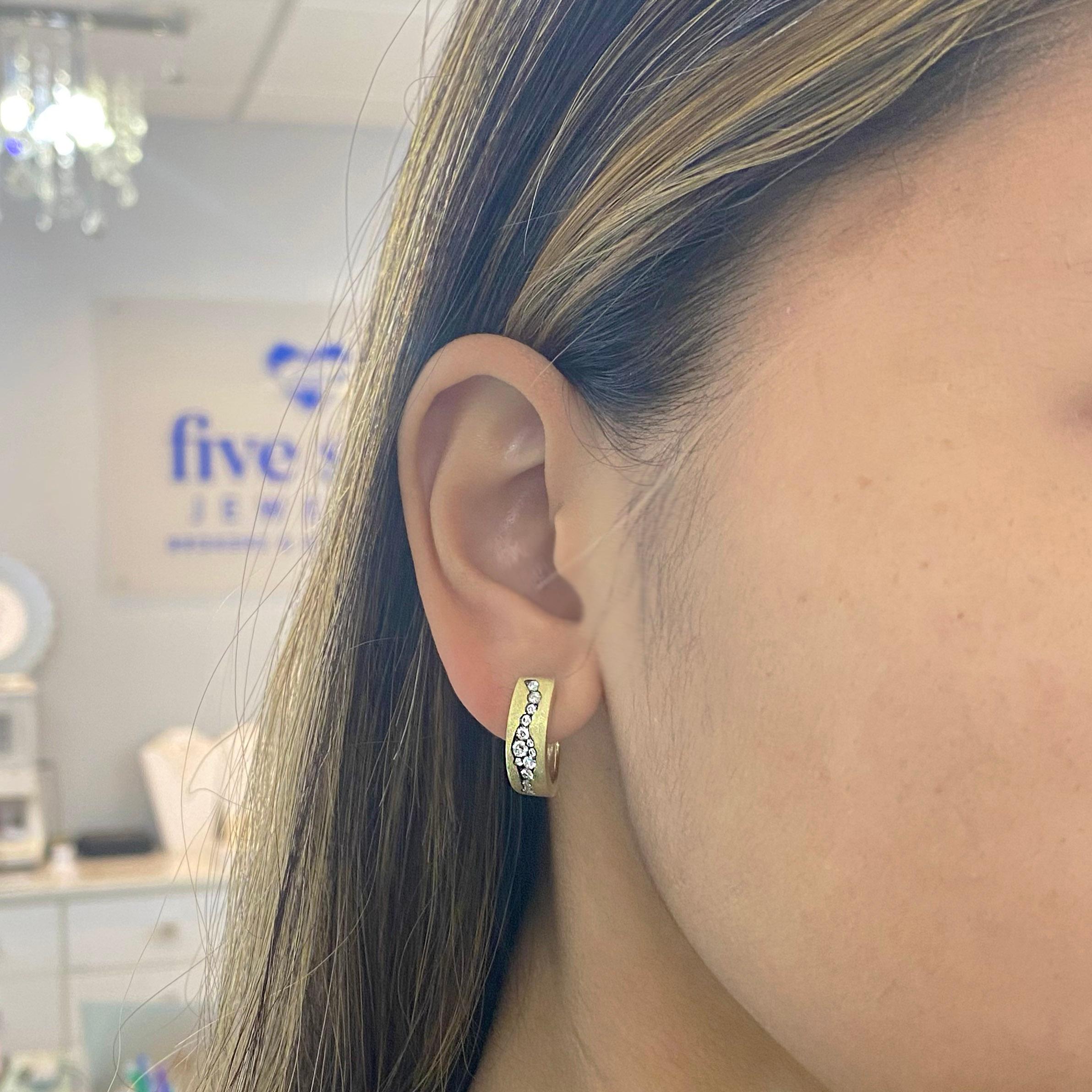 Contemporary Healing Diamond Earrings, Green Gold, Satin Finish Hoops Healing Huggies For Sale