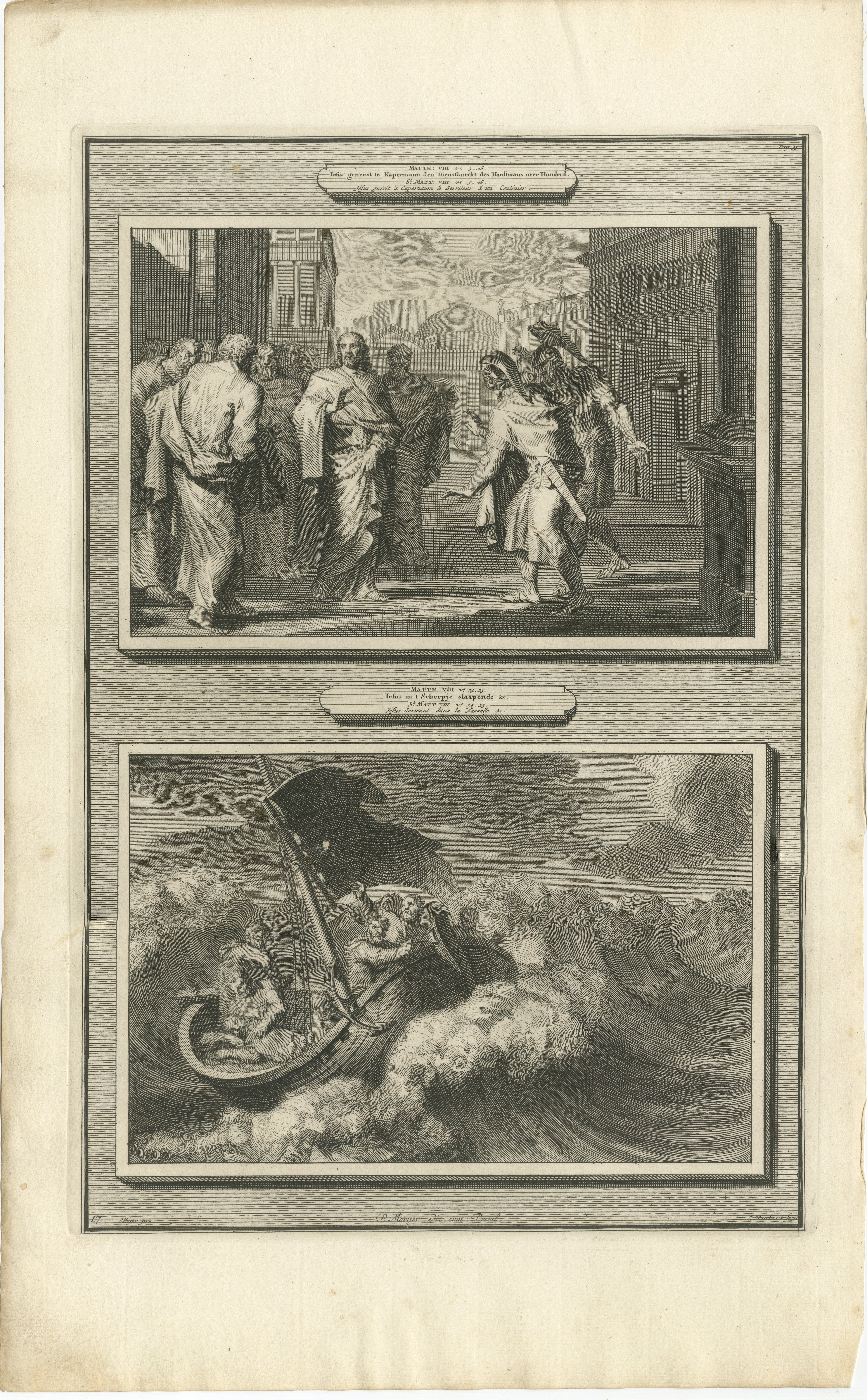 Guérison du serviteur du centurion et Christ calmant la tempête, Pieter Mortier, vers 1700

Gravure ancienne originale tirée de l'Histoire du Vieux et du Nouveau Testament, publiée à Amsterdam par Pieter Mortier vers 1700. Cette planche illustre