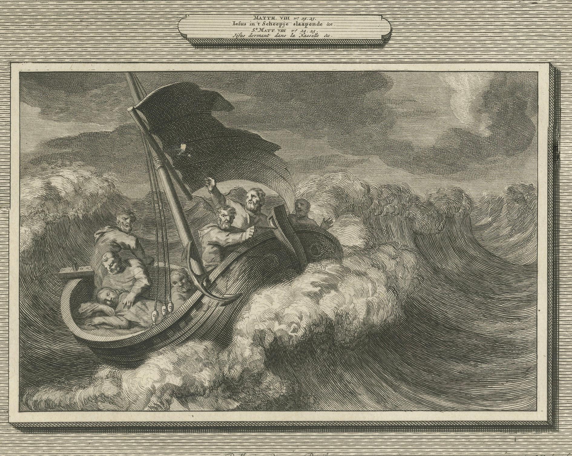 Papier Guérison du serviteur du centurion et Christ calmant la tempête, Pieter Mortier 1700 en vente