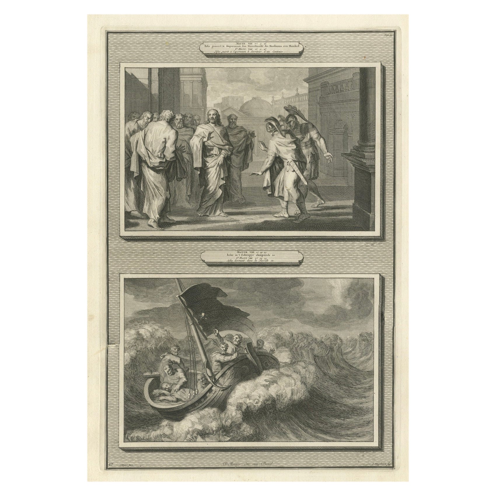 Guérison du serviteur du centurion et Christ calmant la tempête, Pieter Mortier 1700