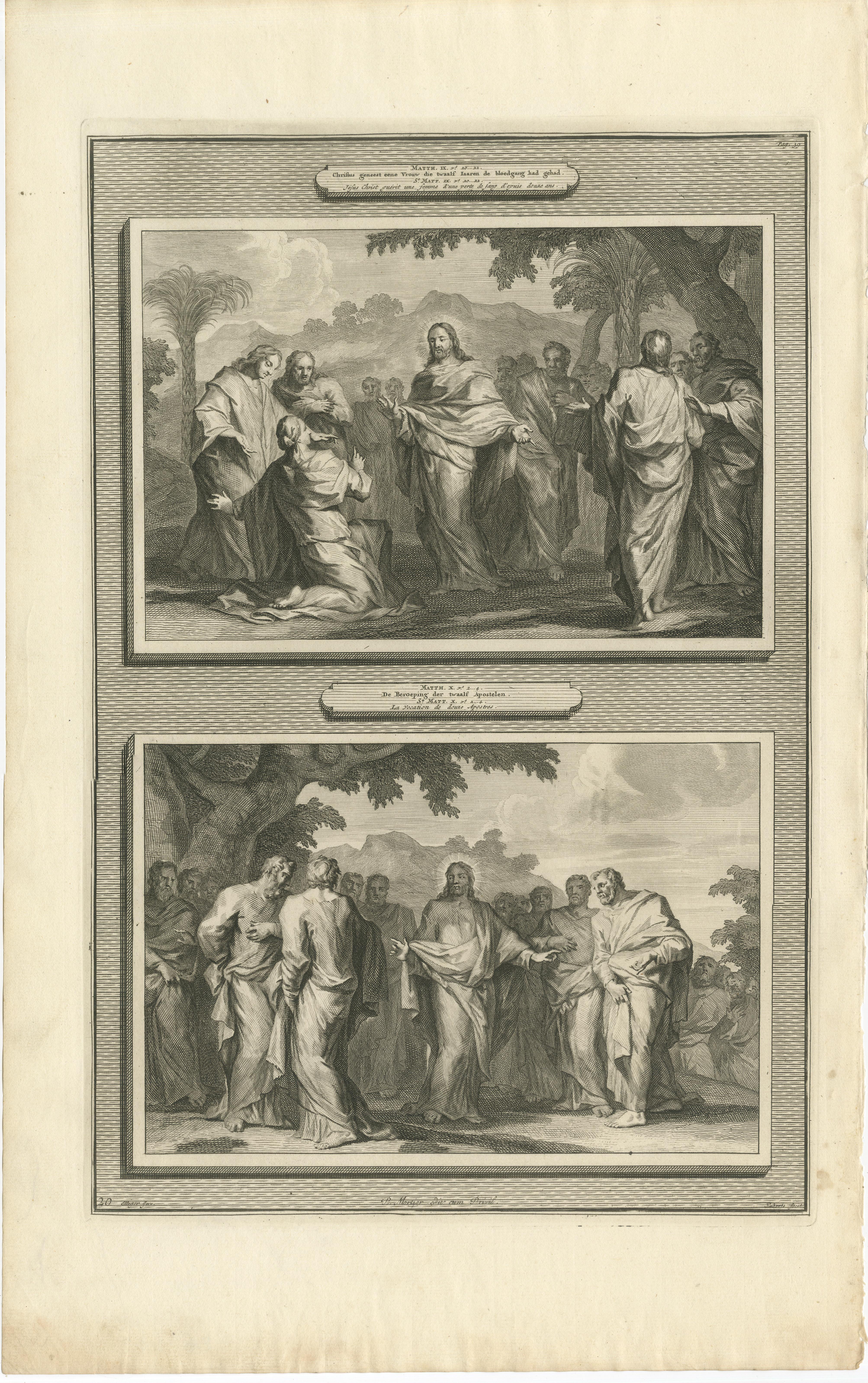 Guérison d'un possédé et appel des apôtres, Pieter Mortier, vers 1700

Gravure ancienne originale tirée de l'Histoire du Vieux et du Nouveau Testament, publiée à Amsterdam par Pieter Mortier vers 1700. Cette plaque combine deux épisodes de