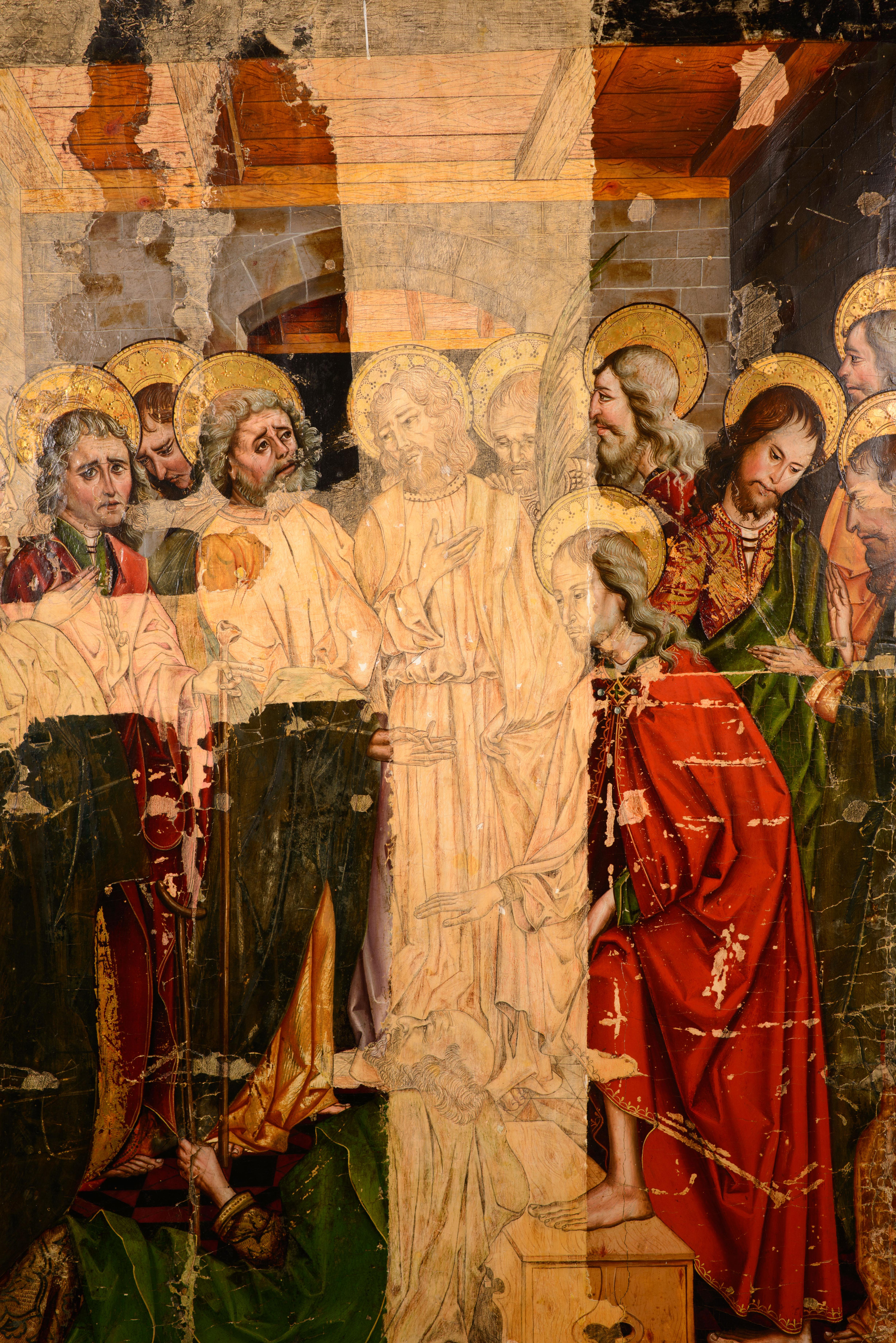  Heal s'est fait soigner par un paralytique. Huile sur panneau. École castillane, XVIe siècle. 
Partiellement reconstruit. 
Scène religieuse située dans un intérieur prestigieux, réalisée en pierre bicolore, représentant une série de personnages