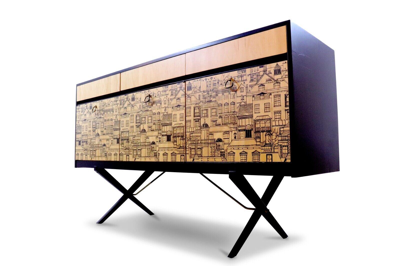 Up-cycled sideboard / cupboards; artwork in the manner of Robert and Dorothy heritage, featuring a whimsical cityscape. This piece follows an iconic style adding a touch of artistry to any interior. The cupboards and drawers offer optimum storage