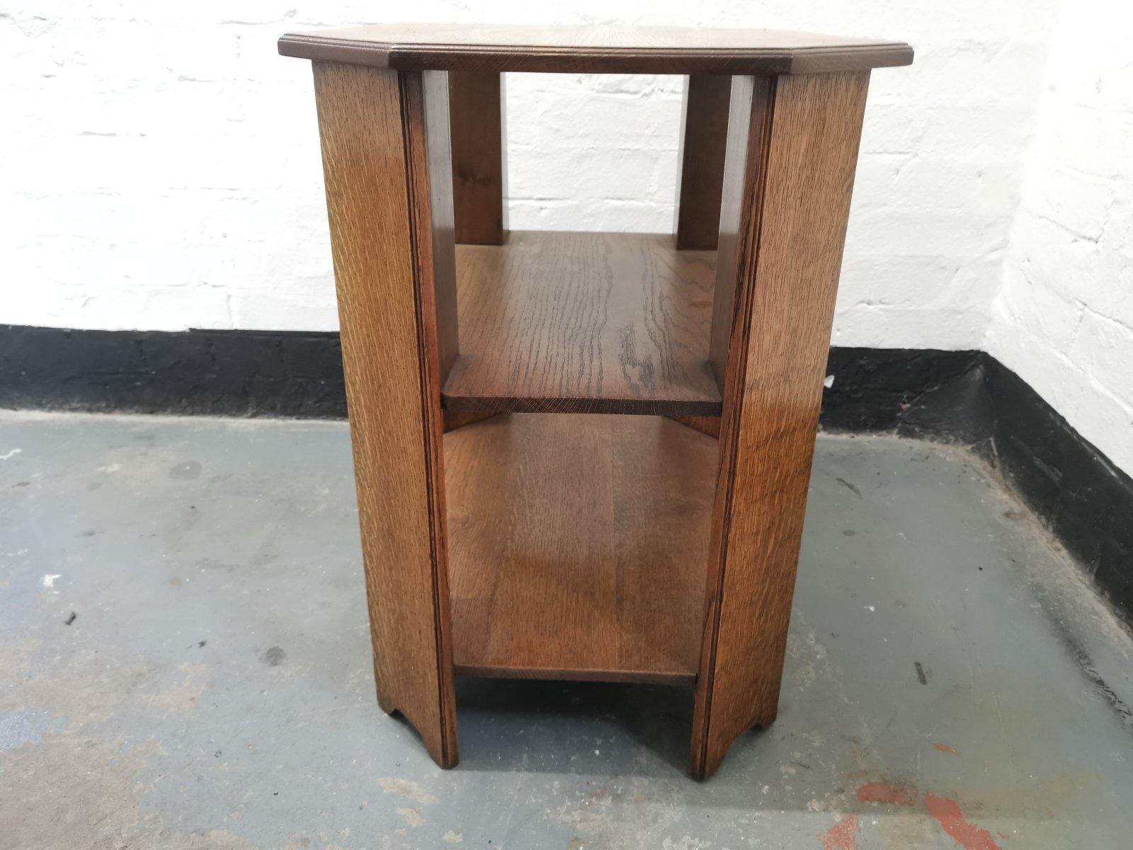 Arts and Crafts Heals, An English Arts & Crafts Oak Side Table with Three Tiers & Canted Corners