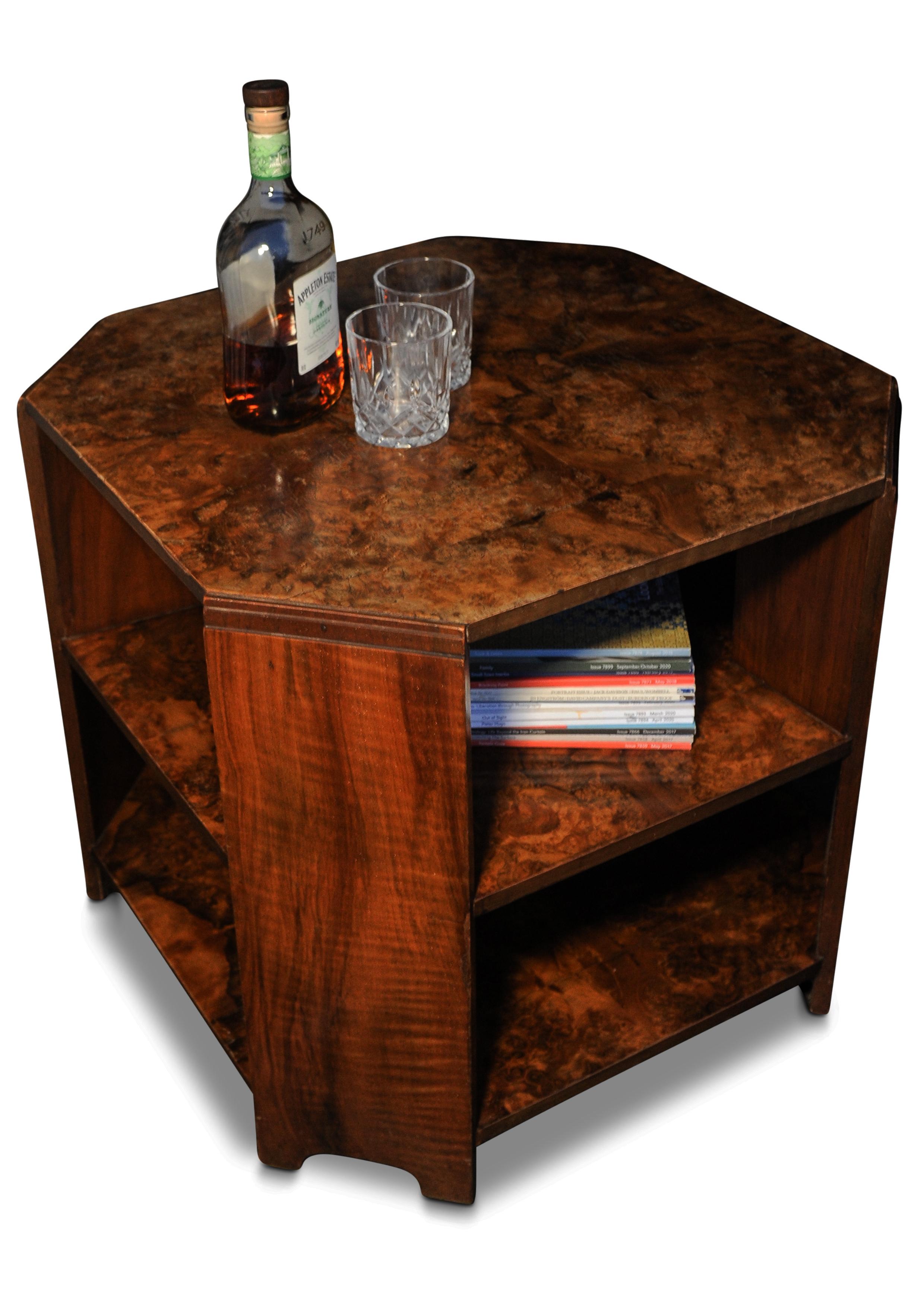 Early 20th Century Heal's Art Deco Walnut Octagonal Two Tiered Drinks, Magazine Table