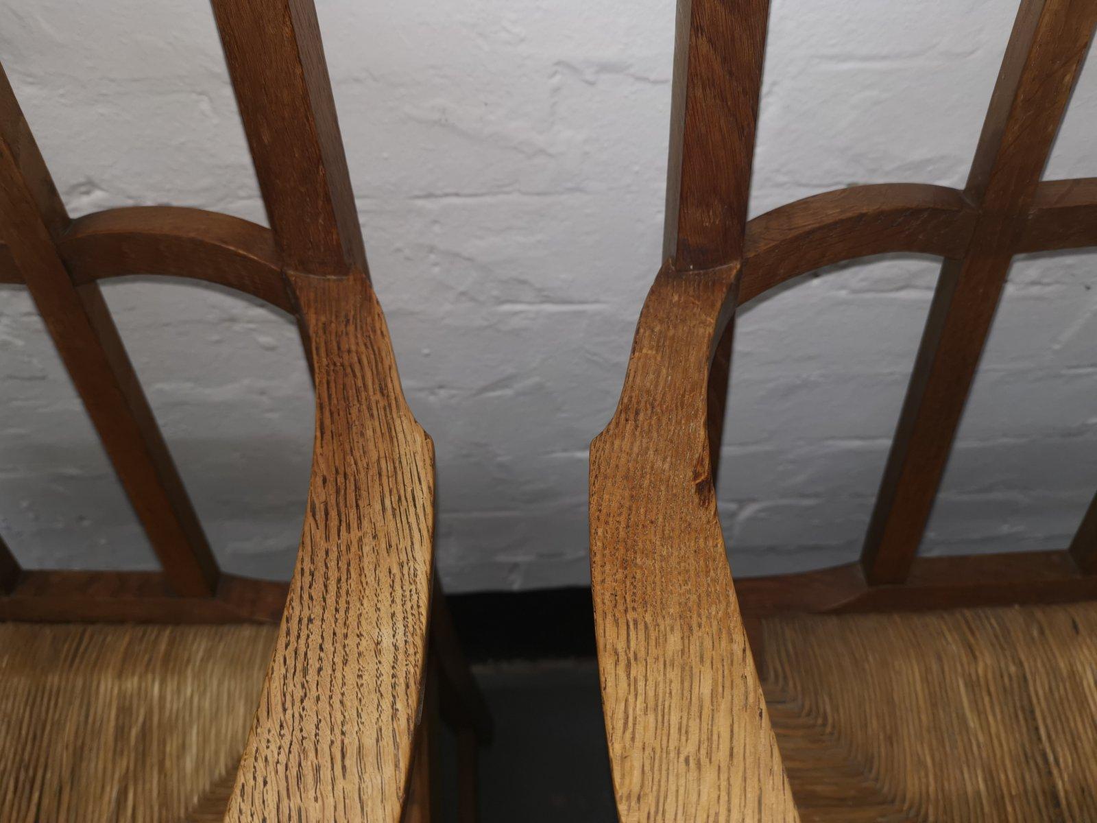 Pair of Cotswold School Arts & Crafts Oak Lattice Back Armchairs with rush Seats For Sale 1