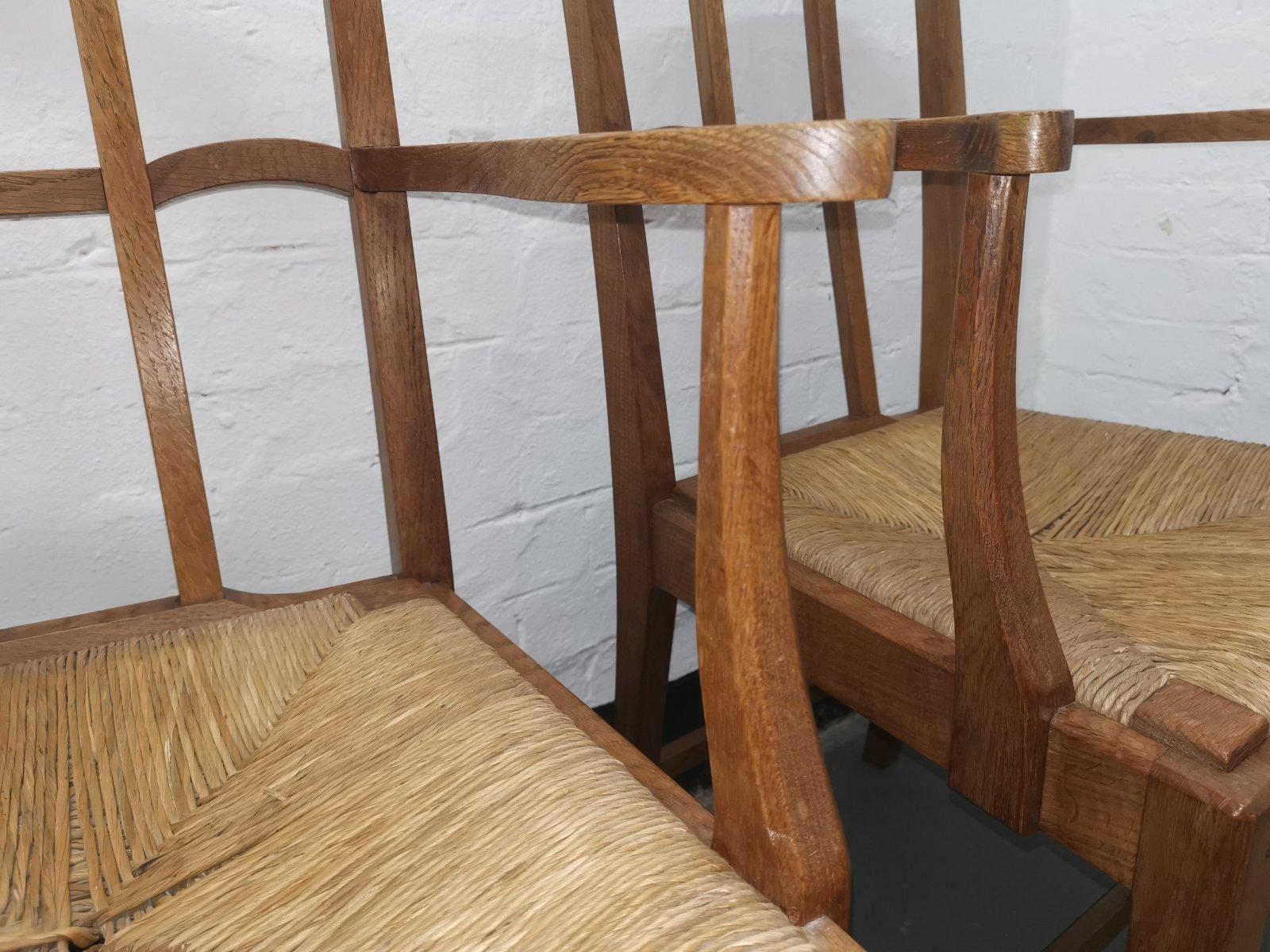 Pair of Cotswold School Arts & Crafts Oak Lattice Back Armchairs with rush Seats For Sale 2