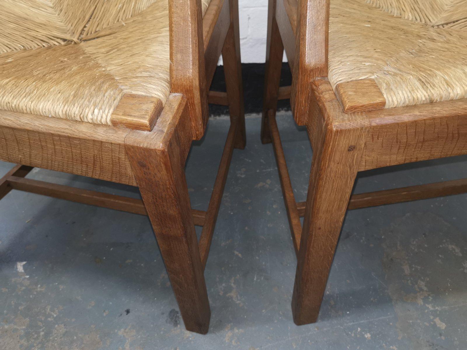 Pair of Cotswold School Arts & Crafts Oak Lattice Back Armchairs with rush Seats For Sale 3