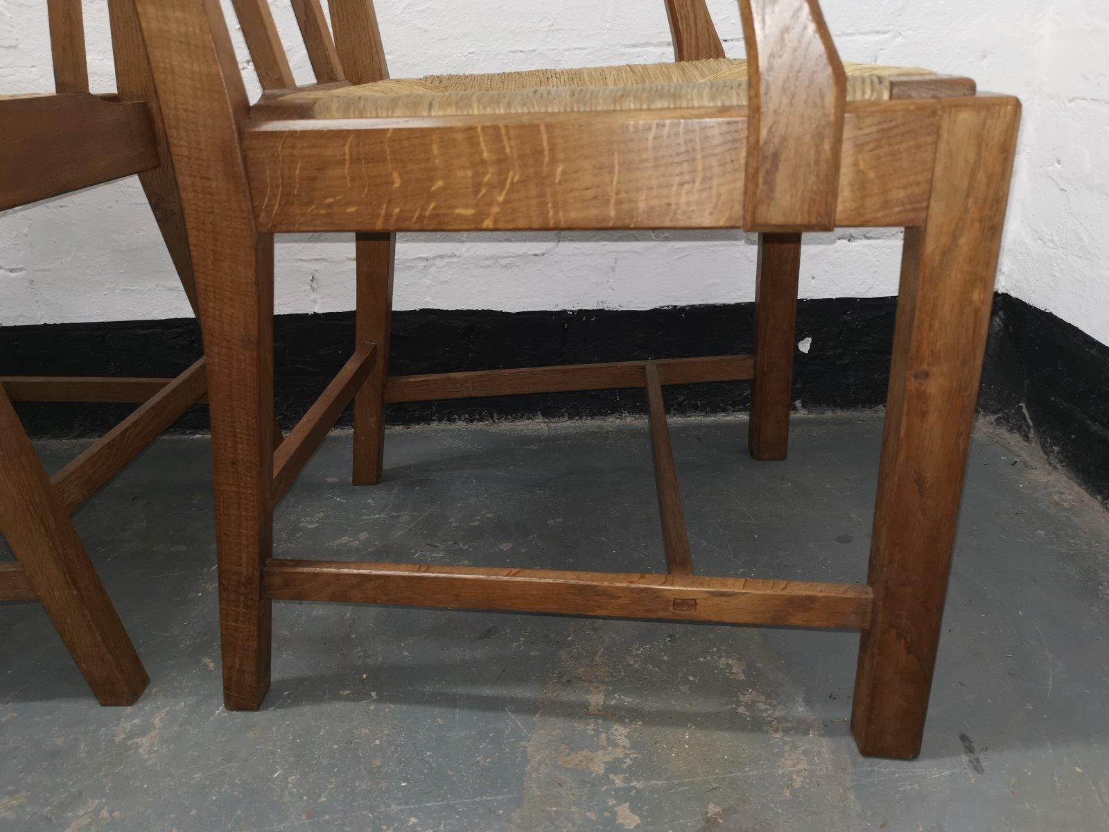 Pair of Cotswold School Arts & Crafts Oak Lattice Back Armchairs with rush Seats For Sale 4