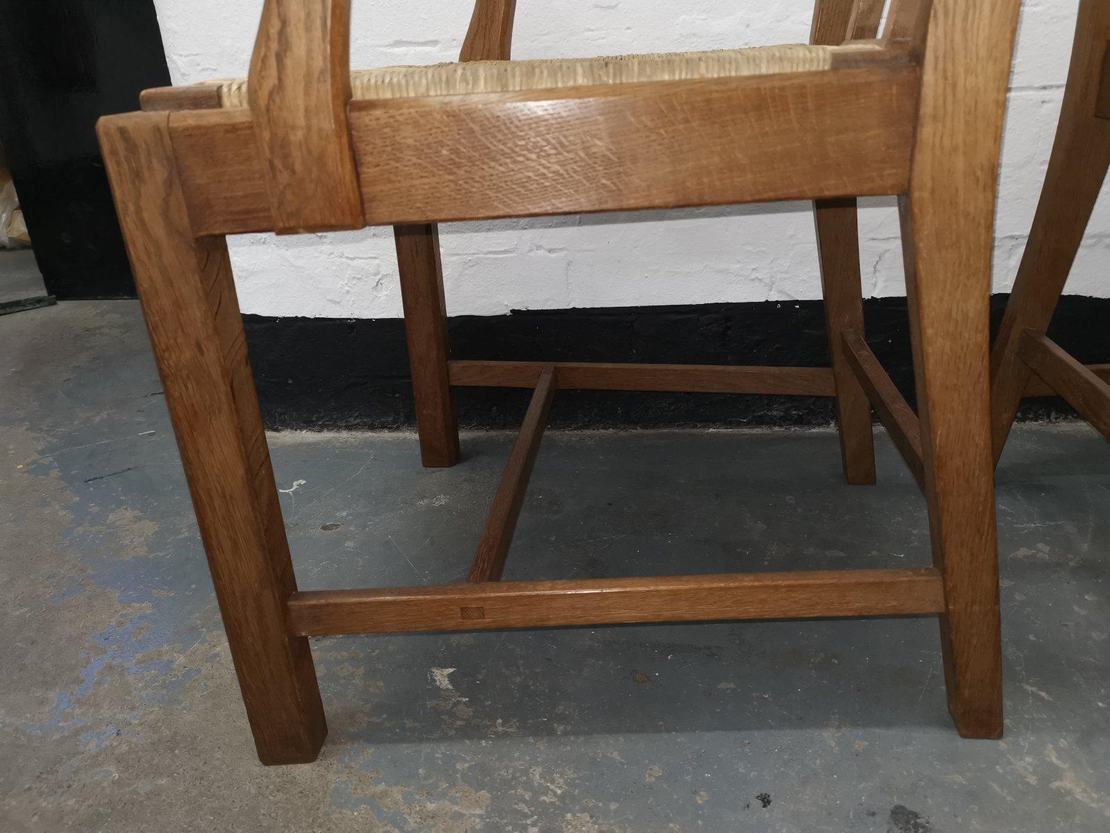 Pair of Cotswold School Arts & Crafts Oak Lattice Back Armchairs with rush Seats For Sale 5
