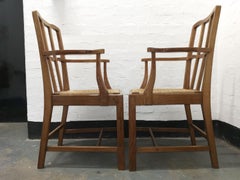 Pair of Cotswold School Arts & Crafts Oak Lattice Back Armchairs with rush Seats