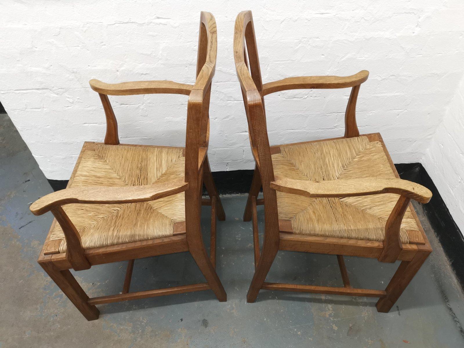 Hand-Crafted Pair of Cotswold School Arts & Crafts Oak Lattice Back Armchairs with rush Seats For Sale