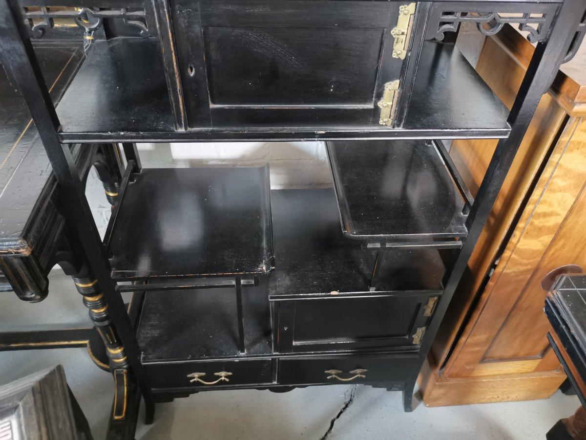 Ebonized Heals Attri, Anglo-Japanese Ebonised Small 'Pagoda' Style Side Cabinet For Sale