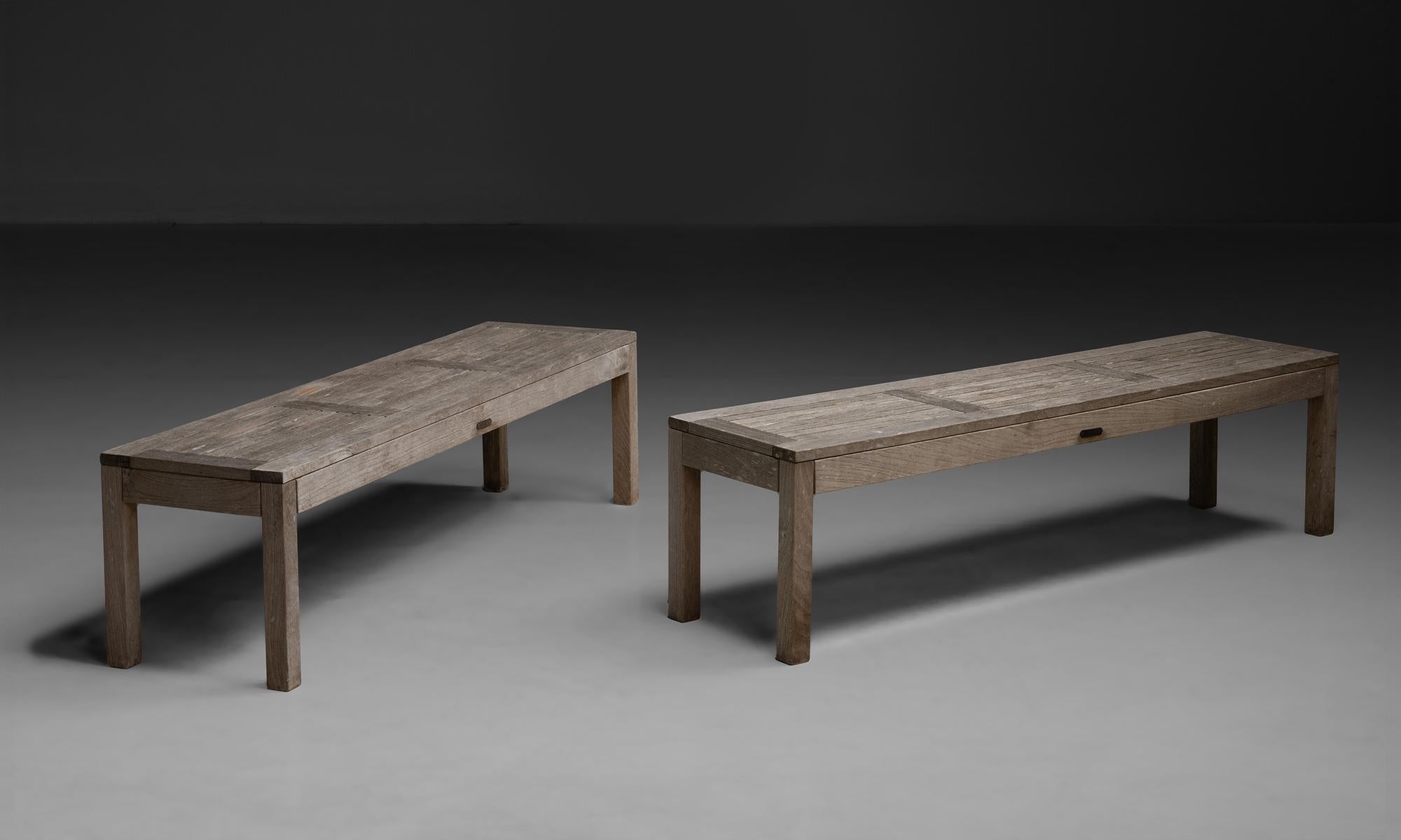 Heals Garden Benches
England, 1970
Teak garden benches made by Heals of London.
64”w x 16”d x 17.5”h