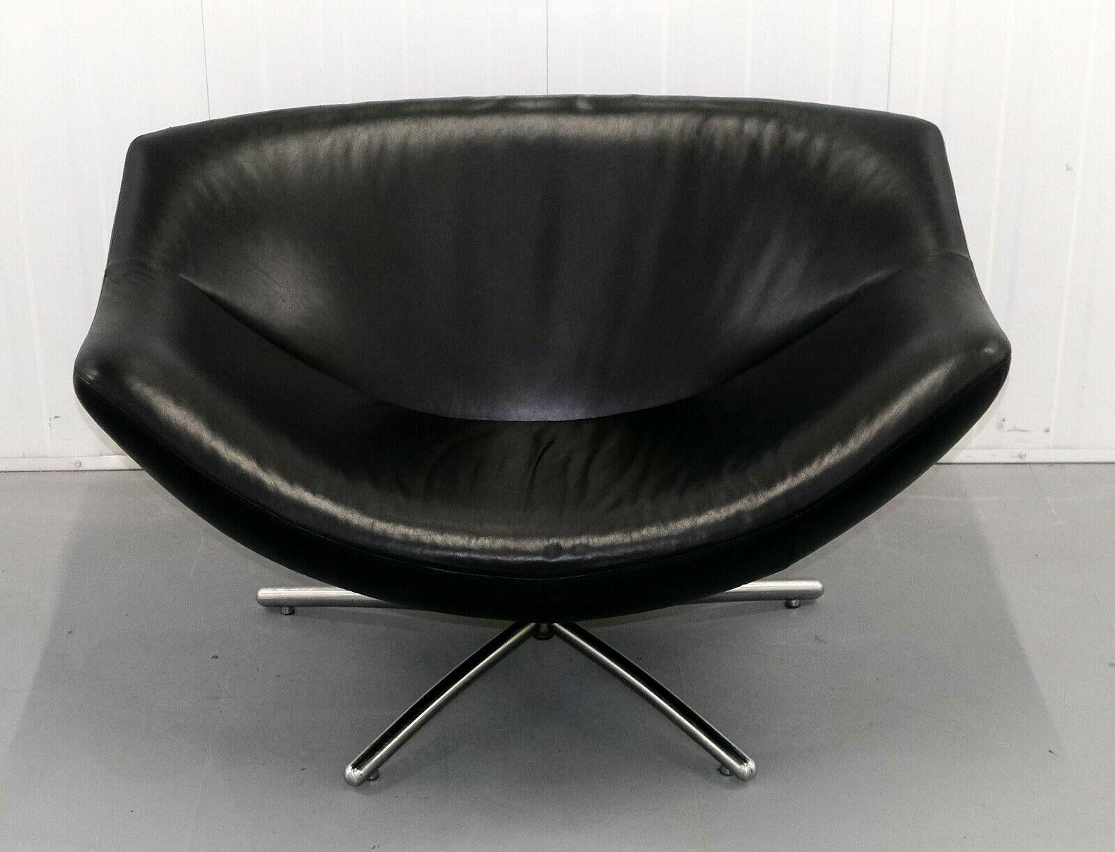 Heals Gerard Van Den Berg Black Leather Gigi Swivel Armchair on Chrome Legs 1