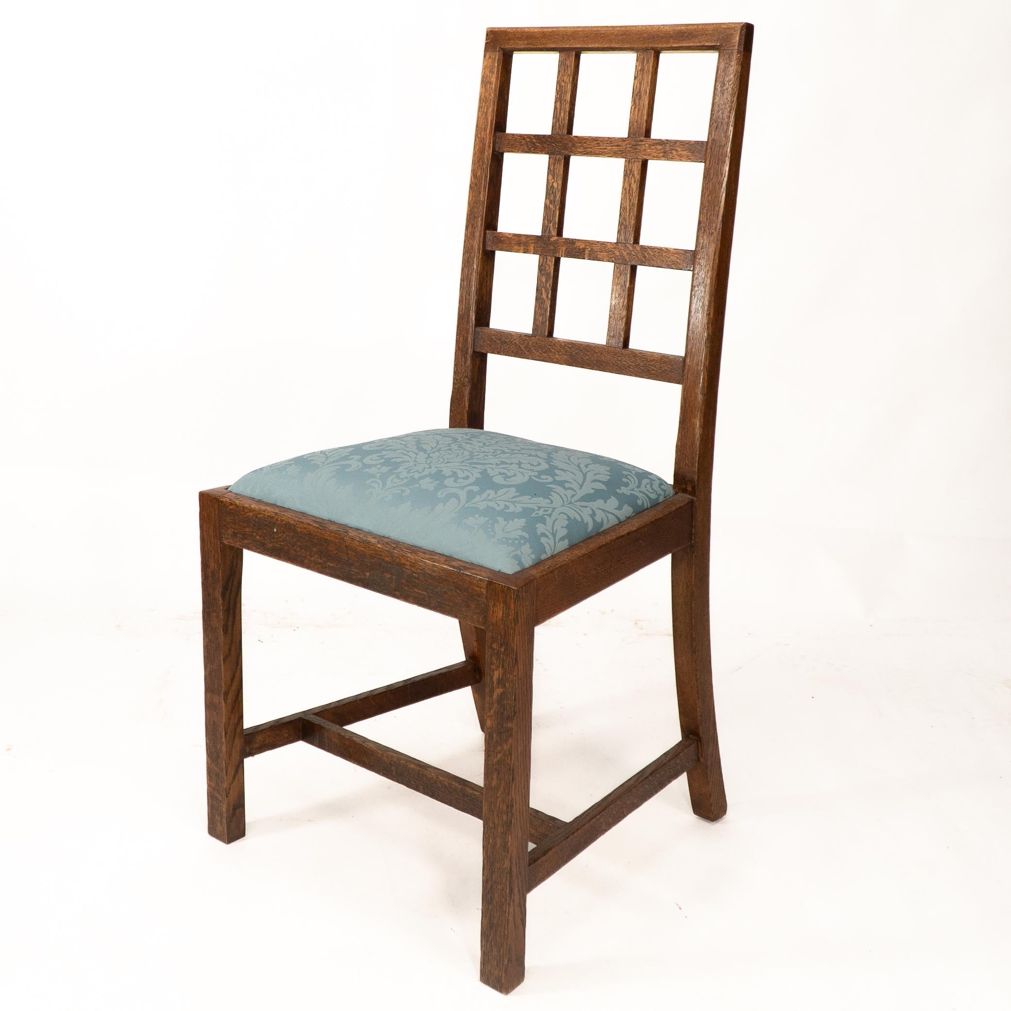 English Heals. Set of 4 Arts & Crafts oak lattice back dining chairs & blue Damask seats For Sale