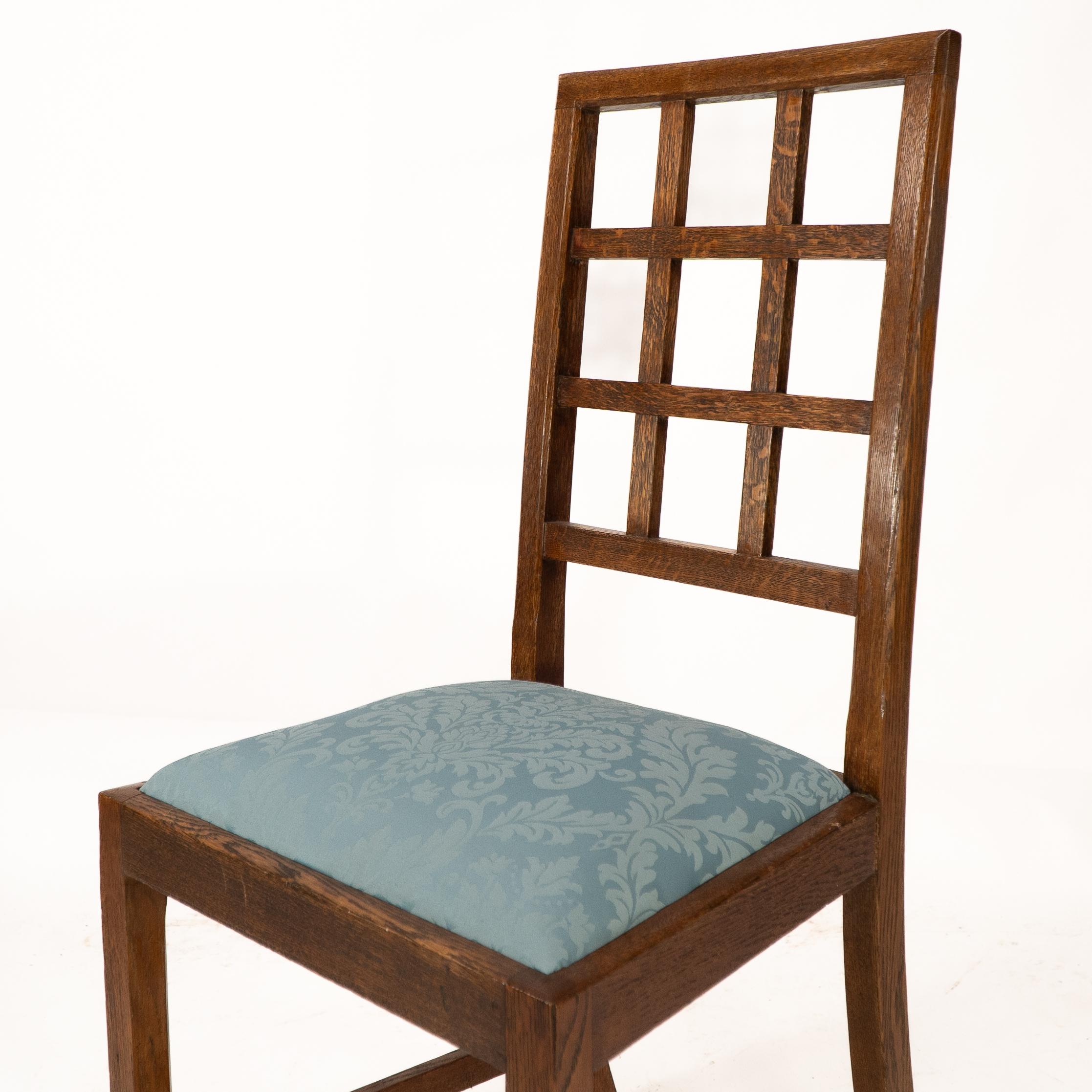 Oak Heals. Set of 4 Arts & Crafts oak lattice back dining chairs & blue Damask seats For Sale
