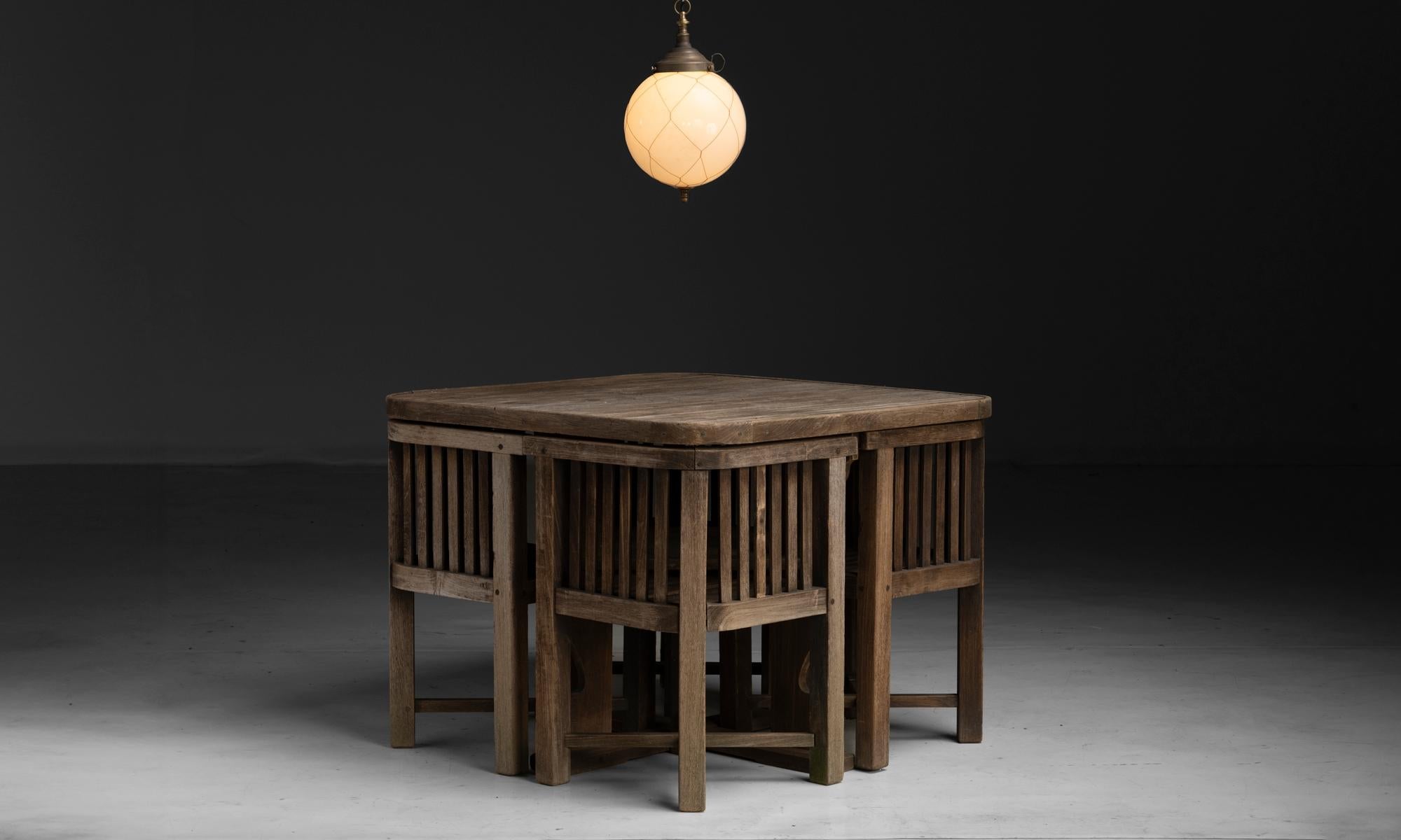 England circa 1920
Garden table and dining chair constructed from Teak wood by Heal's of London
37.5”W x 37.5”d x 28.75”h ( table ) / 25.5”w x 22”d x 27”h x 15”seat (chair)
Ref. GARD723
$ 5,200
