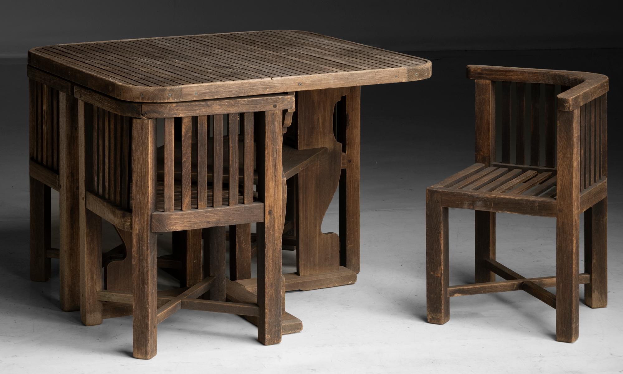 English Heals Teak Garden Dining Table + Chairs, England circa 1920