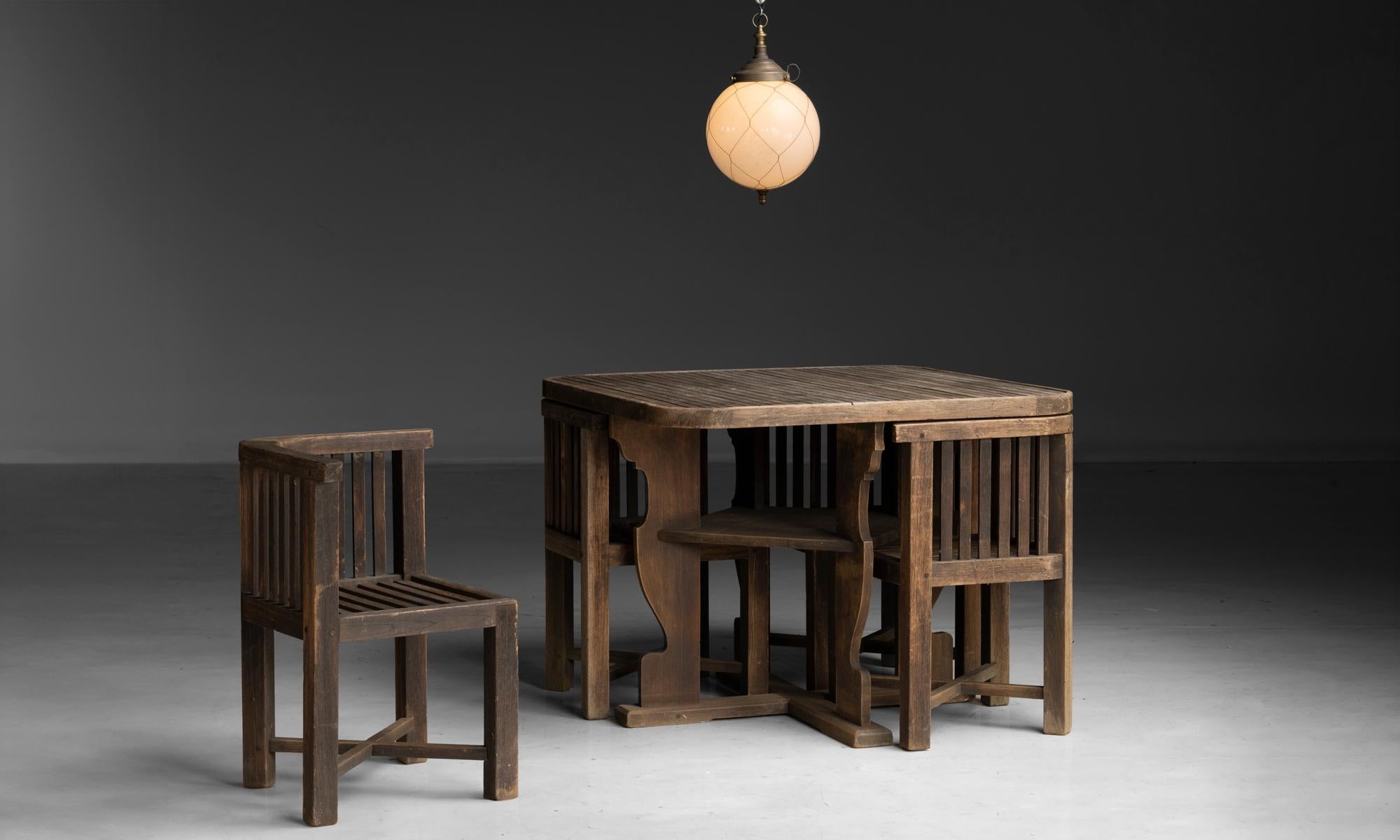 Heals Teak Garden Dining Table + Chairs, England circa 1920 In Good Condition In Culver City, CA