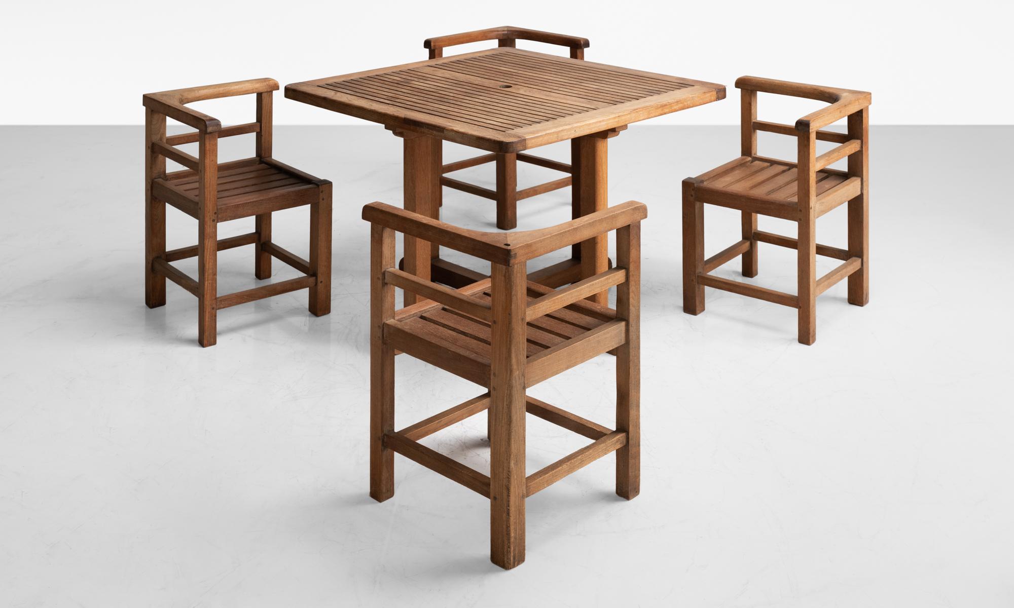 Heal's teak garden set, circa 1930.

Slatted teak square table with (4) corner chairs.

Table - 36