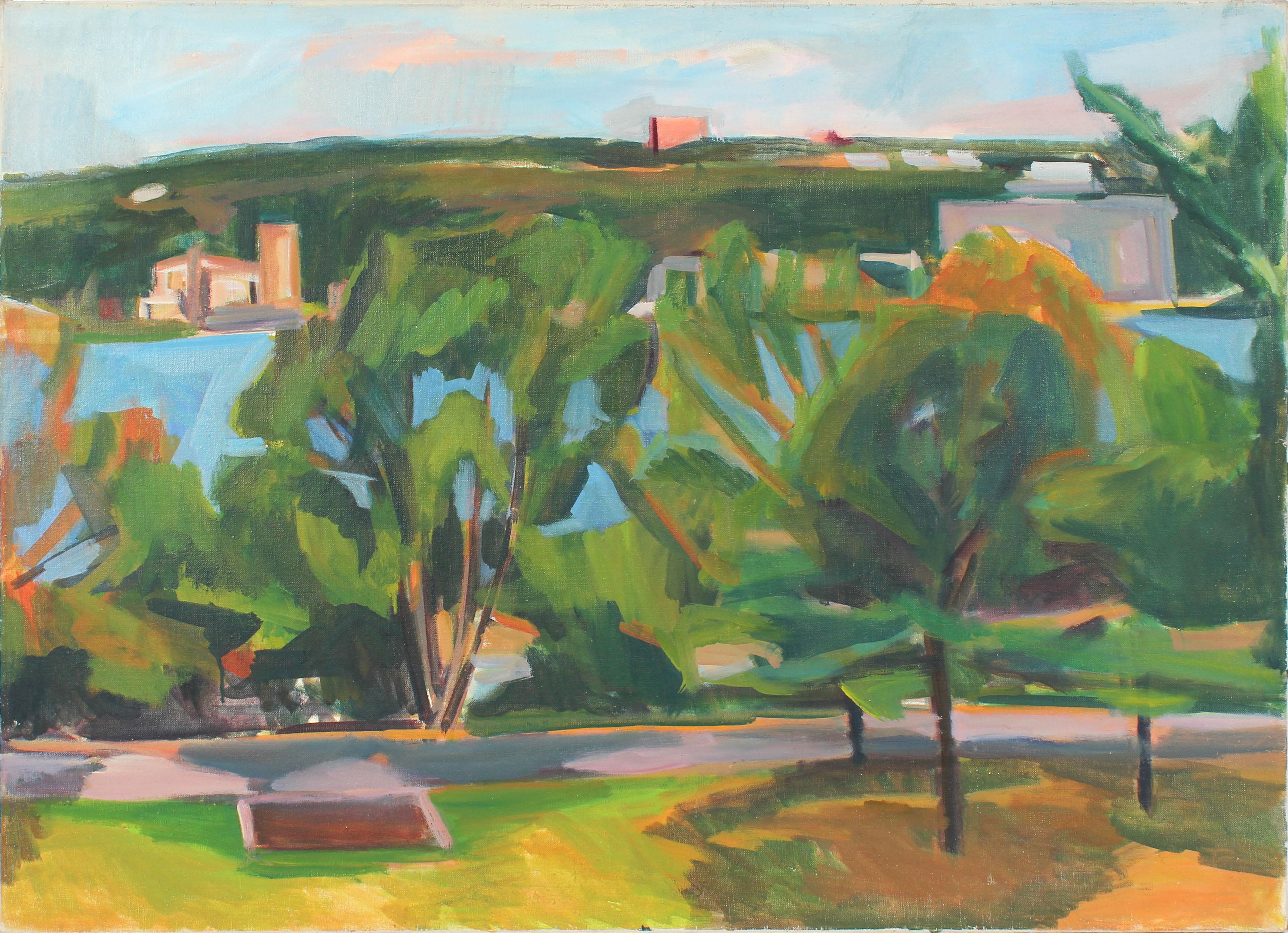 Hearne Pardee/ Gina Werfel Landscape Painting - Sidewalk and Lake Impressionist Landscape 