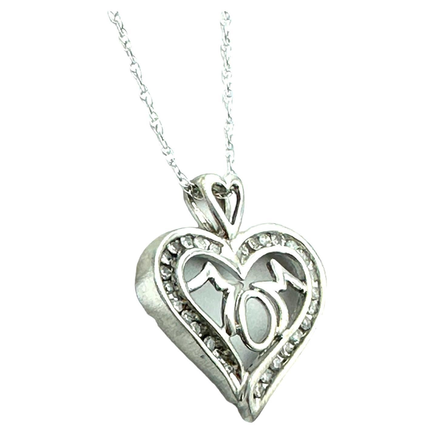 Heart .15 Carat MOM Diamond White Gold Pendant For Sale 1