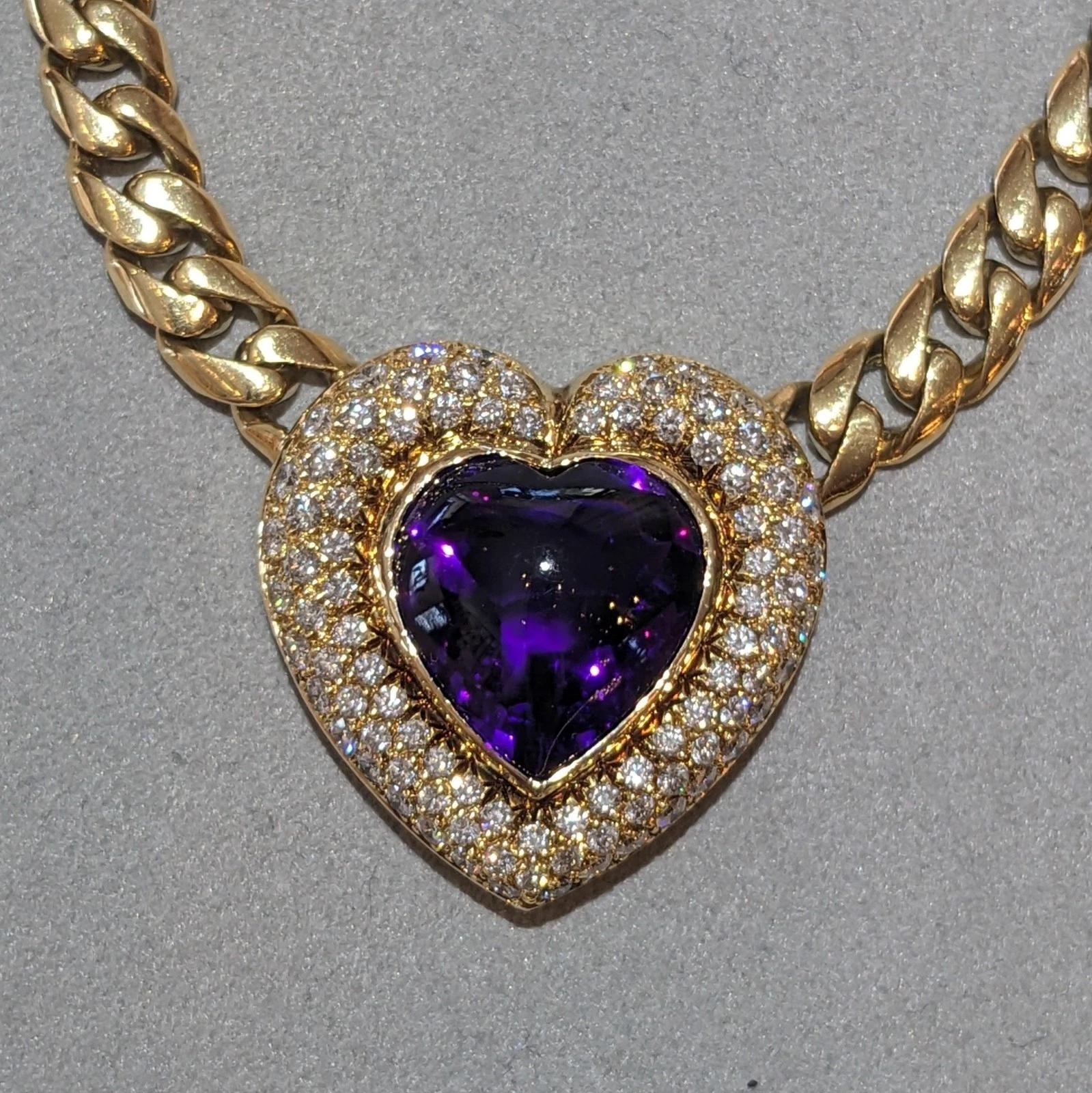 Cabochon Heart Amethyst and Diamond Pendant Choker Necklace in 18k Yellow Gold For Sale