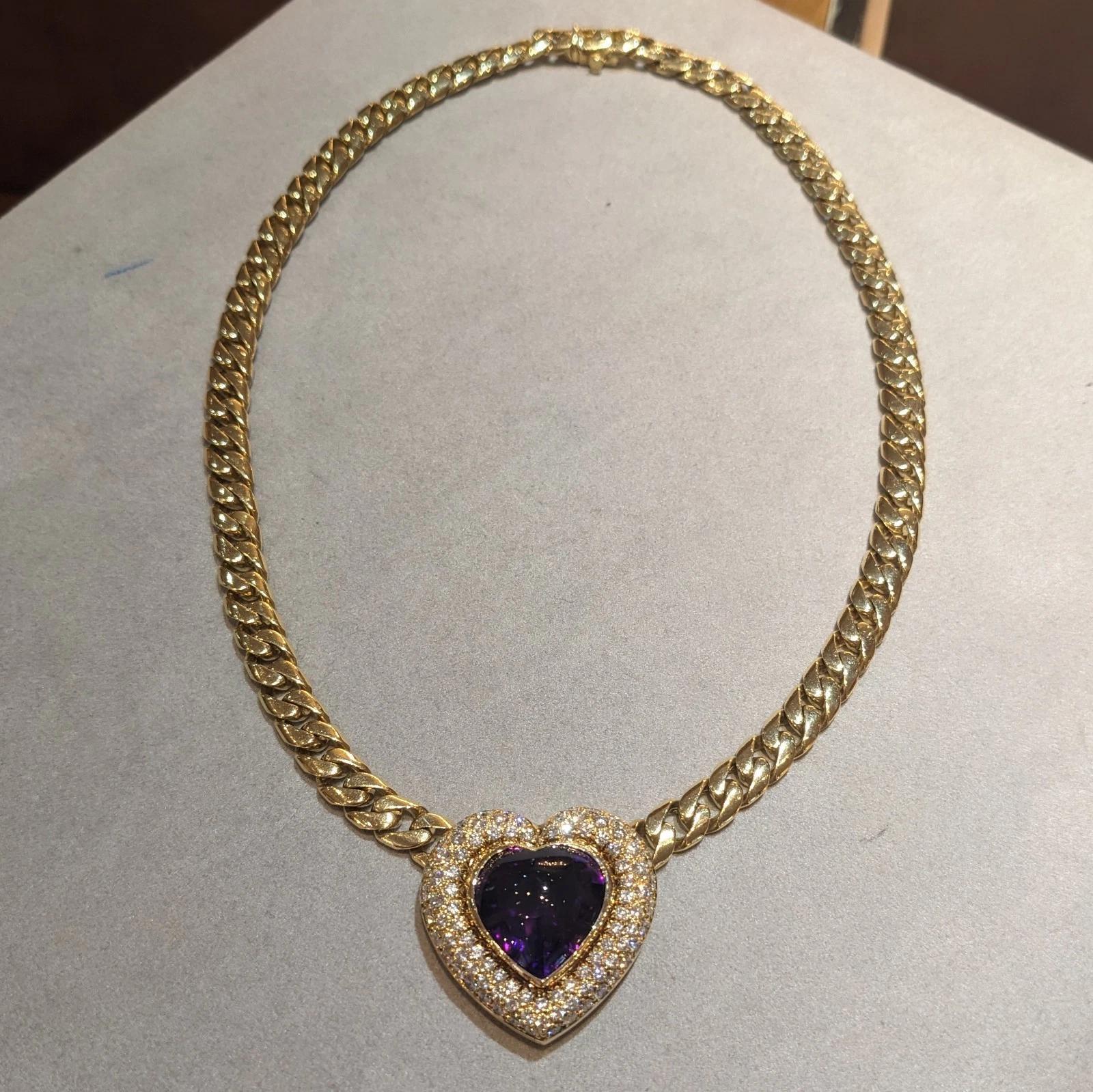 Heart Amethyst and Diamond Pendant Choker Necklace in 18k Yellow Gold In Excellent Condition For Sale In La Jolla, CA