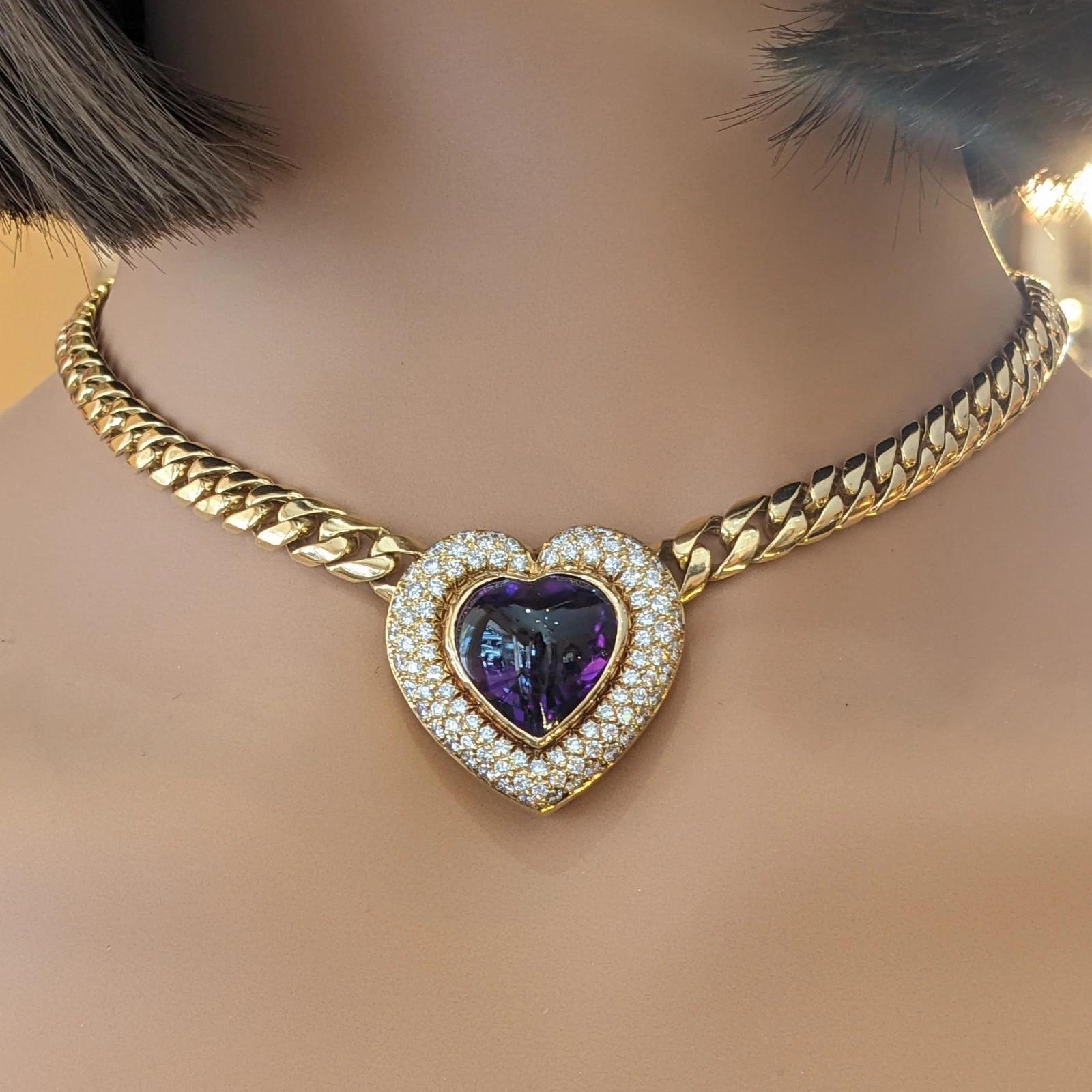 Heart Amethyst and Diamond Pendant Choker Necklace in 18k Yellow Gold For Sale 2