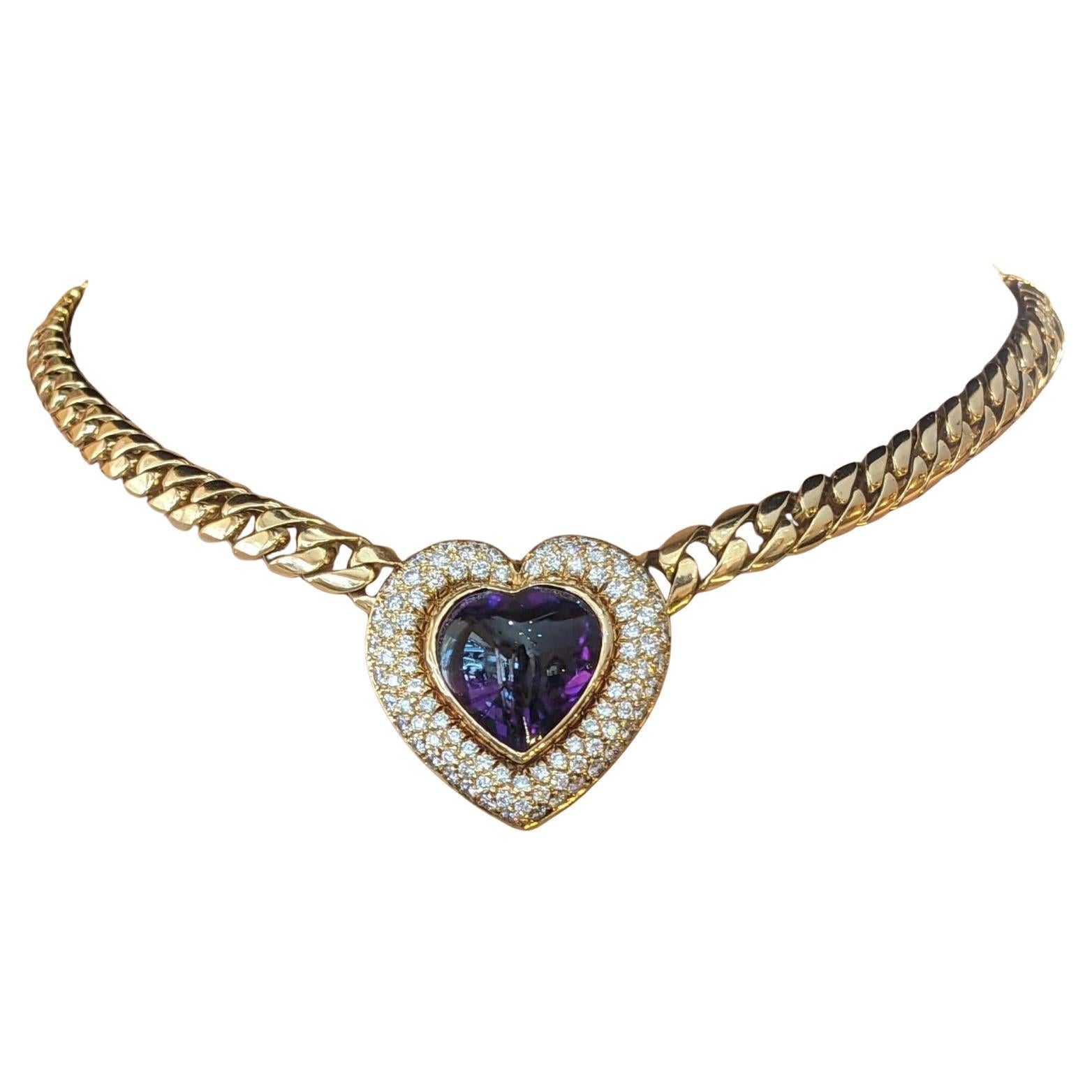 Heart Amethyst and Diamond Pendant Choker Necklace in 18k Yellow Gold