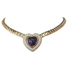 Heart Amethyst and Diamond Pendant Choker Necklace in 18k Yellow Gold