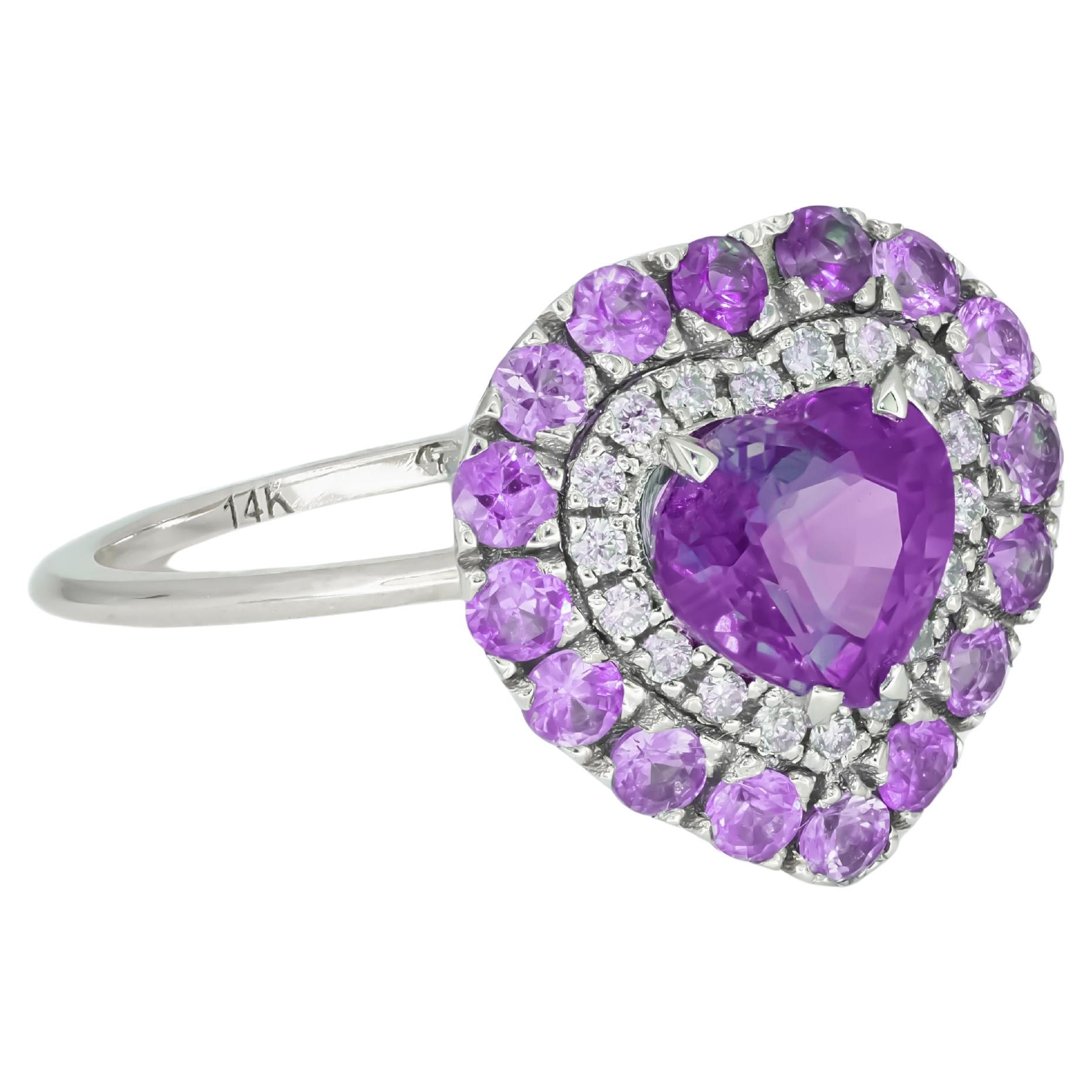 Heart amethyst and diamonds double halo 14k gold ring