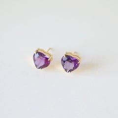Heart Amethyst Earrings - 18K Solid Yellow Gold