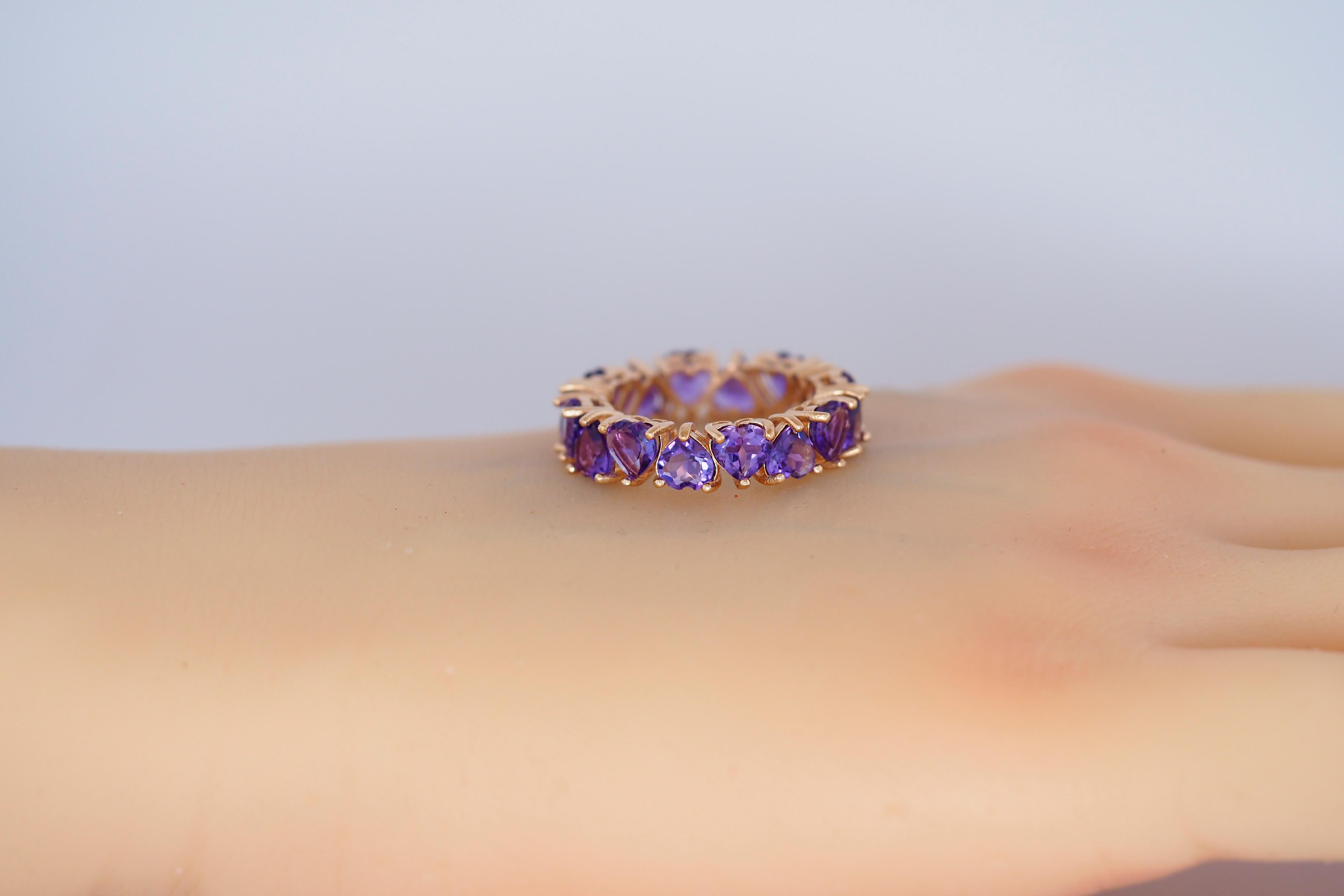 Heart Amethyst Eternity Ring in 14k gold. 
Heart Shaped Eternity Band. Amethyst Stacking Ring. Valentine Jewelry gift. Love ring for her.

Metal: 14k gold
Weight: 2.2 g. (depends from size)

Gemstones:
Natural Amethysts: weight - approx 7 ct